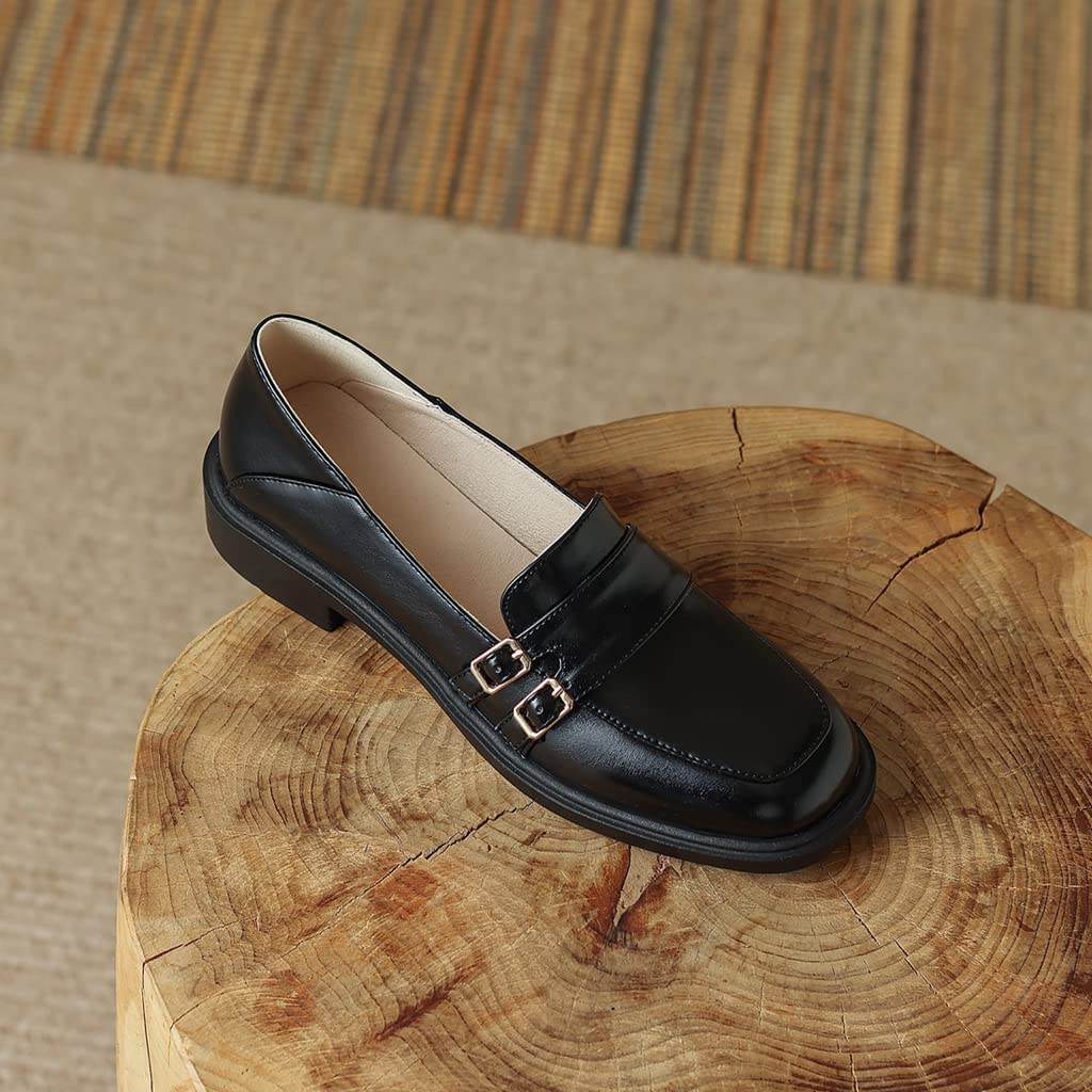 Women's Classic Buckle Slip-On Penny Loafers - Genuine Leather Square Toe Oxford Shoes for Business & Dress | Comfortable Work Flats for Office, Commuting & Professional Occasions