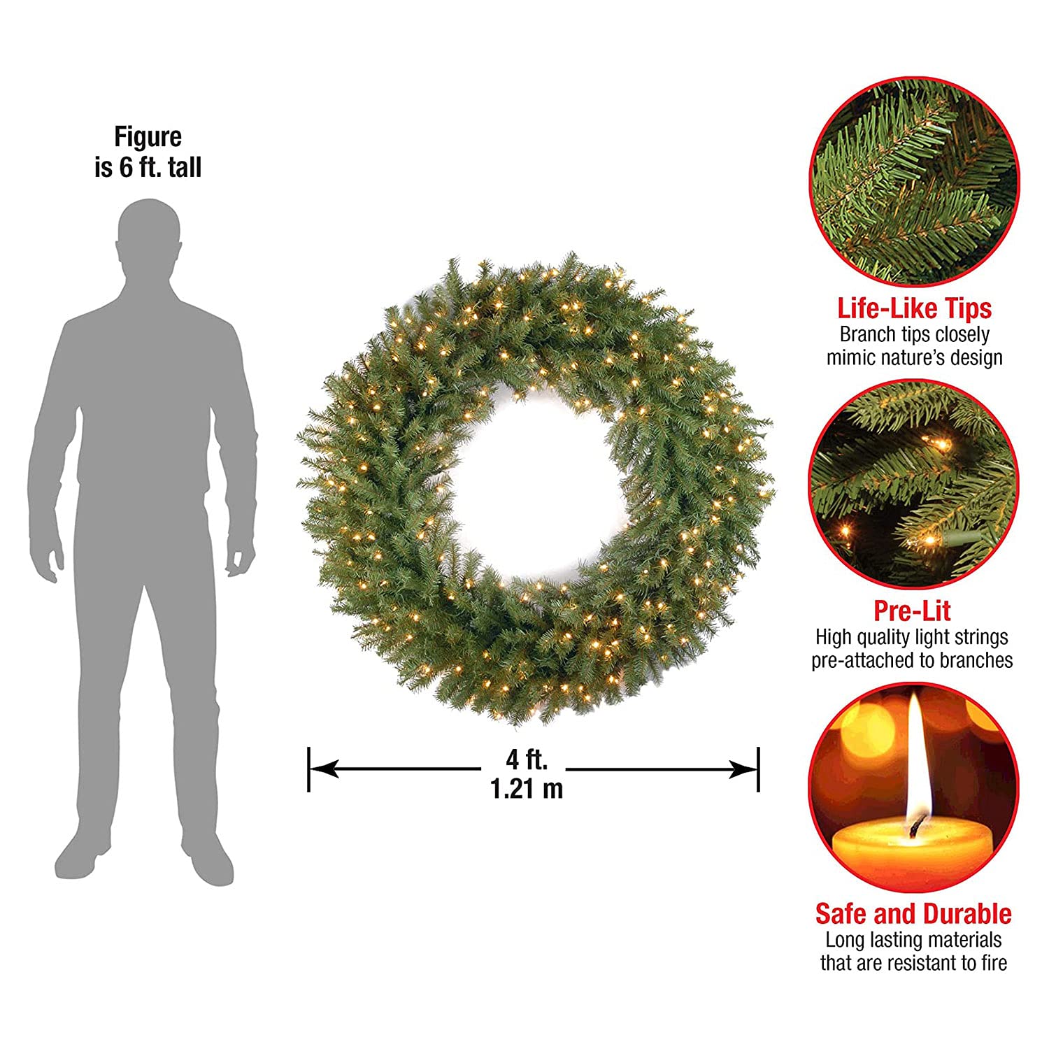 National Tree Company 60-Inch Pre-Lit Artificial Christmas Wreath - Norwood Fir Green with White LED Lights | Holiday Home Decor for Front Door, Fireplace & Wall