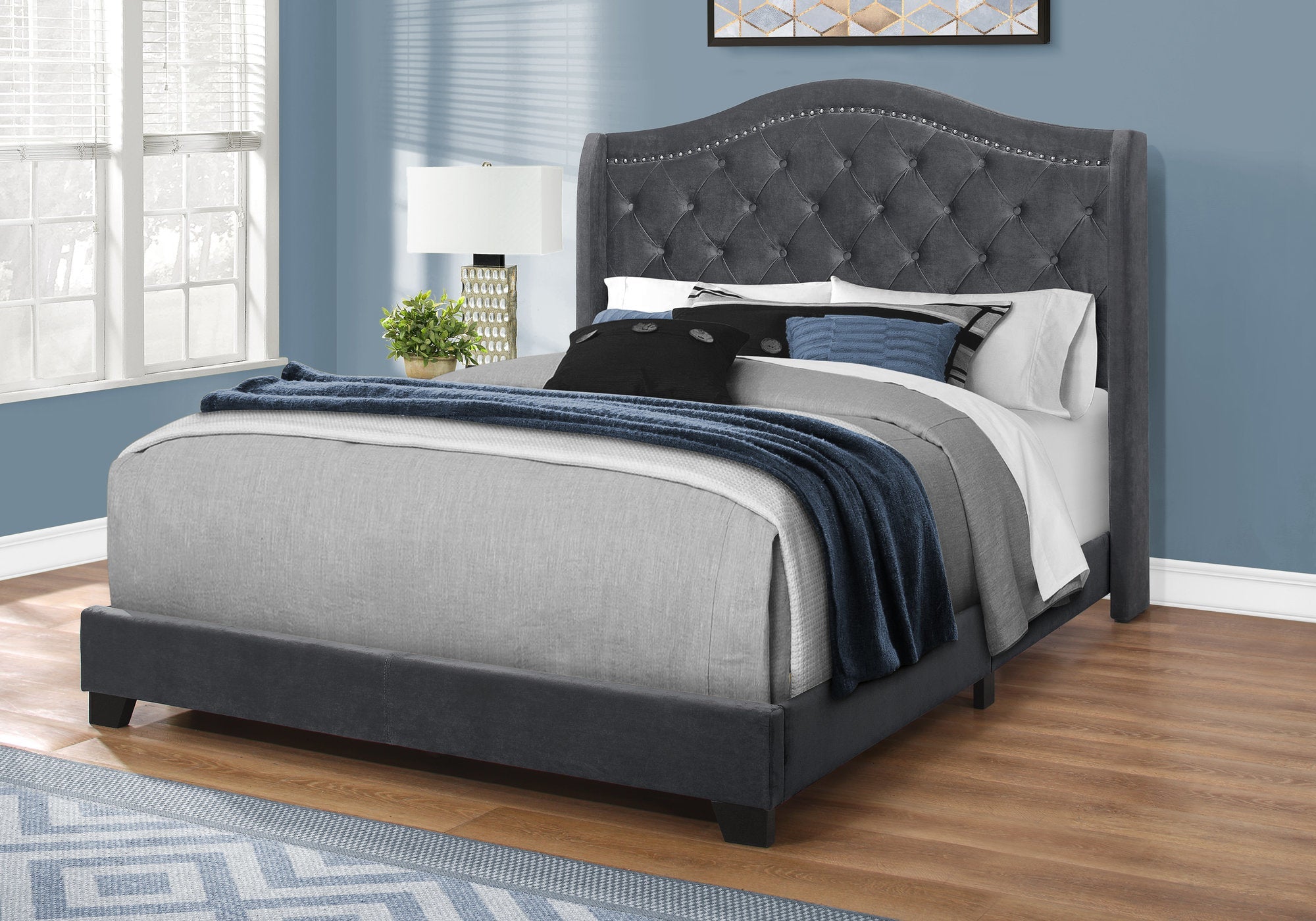 Queen Size Dark Grey Velvet Bed Frame with Chrome Trim - Modern Luxury Bedroom Furniture for Master Bedroom & Guest Room Decor