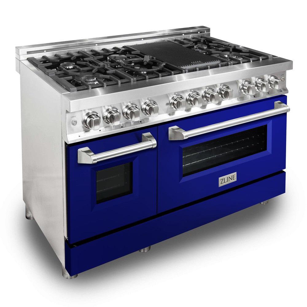 ZLINE 48-Inch 6.0 cu. ft. Dual Fuel Range - Stainless Steel with Blue Gloss Doors, 7-Burner Gas Cooktop & 2 Electric Ovens - Perfect for Professional Kitchens & Home Chefs (RA BG 48)
