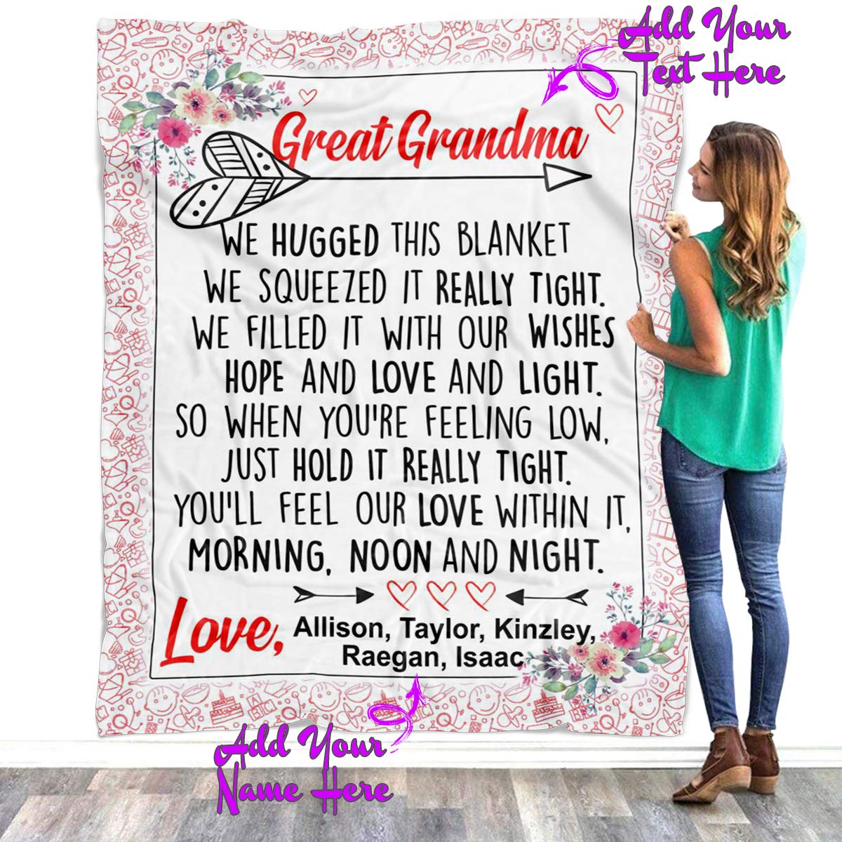 Custom Personalized Blanket for Grandma - Engraved with 'We Hugged This Blanket You'll Feel Our Love' - Unique Gift for Nana, Grandmother from Grandson/Granddaughter - Perfect Mother's Day, Birthday & Anniversary Present - Cozy Throw Blanket for Cuddling, Bedroom Decor & Family Keepsake