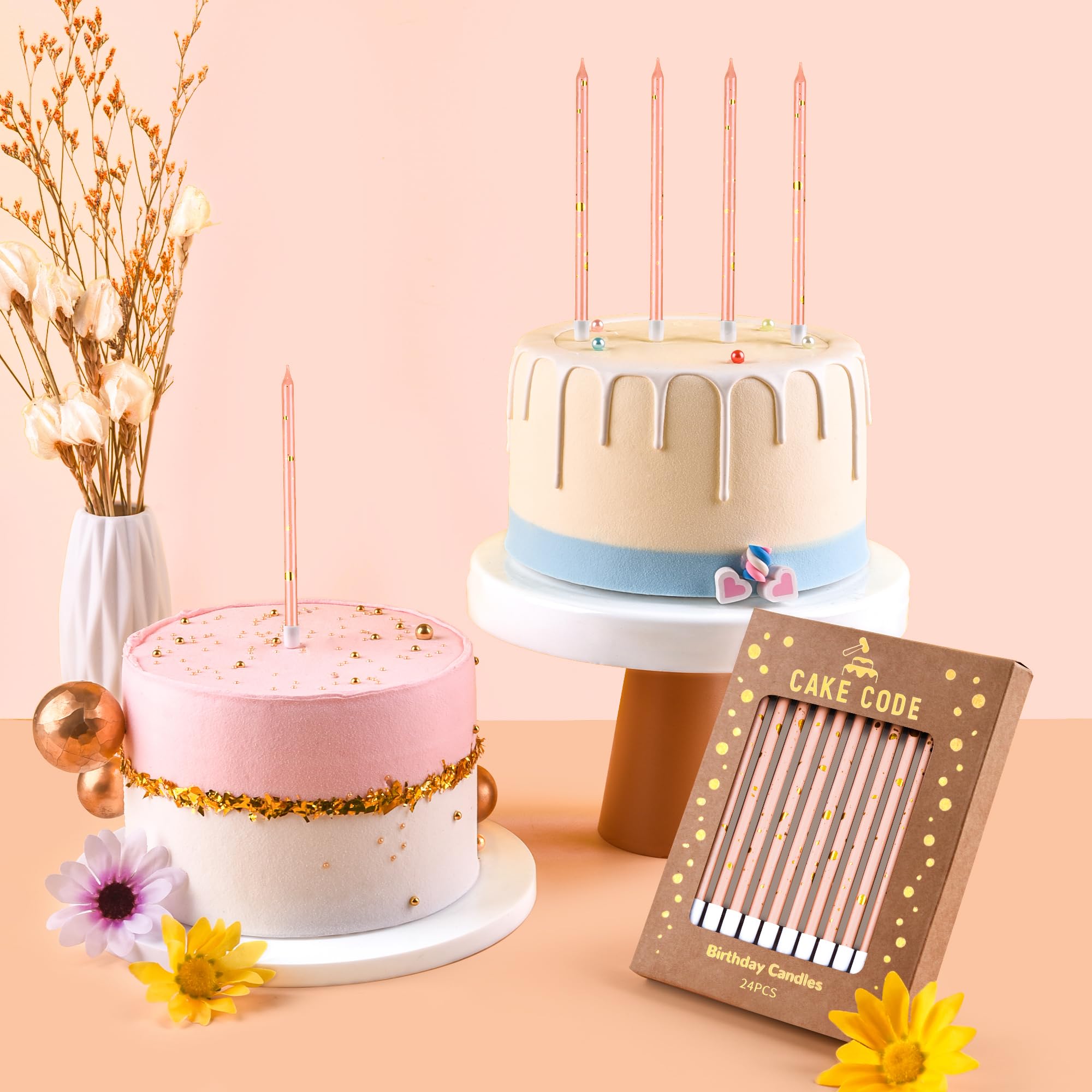 Pink Gold Long Thin Birthday Candles - Elegant Cake Candles for Birthday Parties, Wedding Decorations & Special Events - Perfect for Cakes, Cupcakes & Dessert Tables