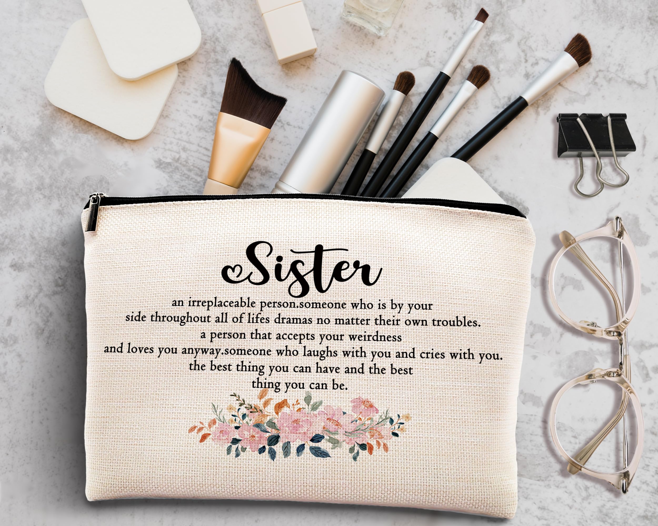 KDQUA Sister Makeup Bag - Best Gifts for Sisters, Big Sister Little Sister Friendship Gift - Linen Cosmetic Zipper Pouch, Travel Toiletry Organizer - Perfect for Birthday, Christmas & Travel (Inspirational Sister Gifts for Women)