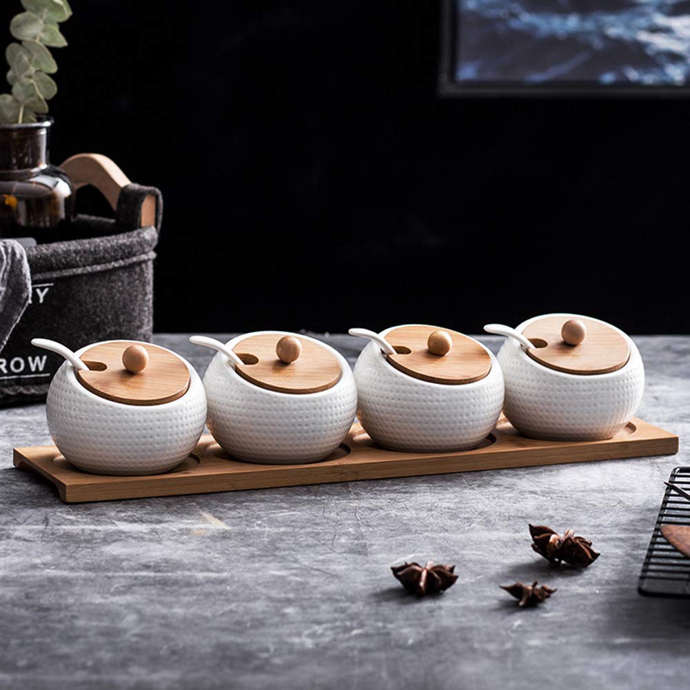 Premium Ceramic Condiment Jars Set of 3 with Bamboo Lids & Spoon - 3200ml Spice Storage Containers for Kitchen, Coffee Bar, Restaurant - Perfect for Salt, Pepper, Sugar & Seasoning Organization