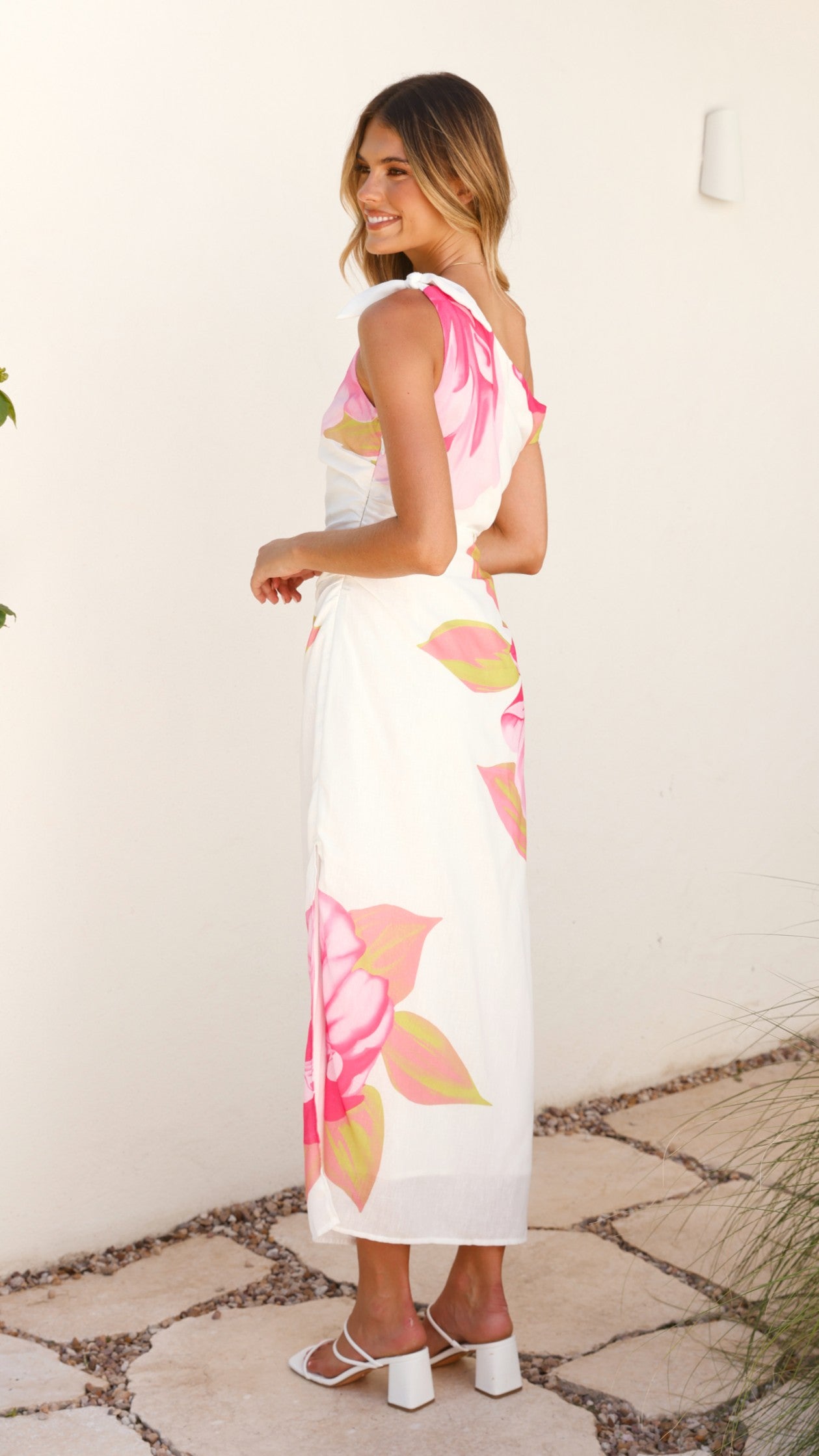 Maisy Shoulder Tie Midi Dress for Women - Floral Print Summer Dress in Pink & Green | Perfect for Beach Vacation, Date Night & Casual Outings
