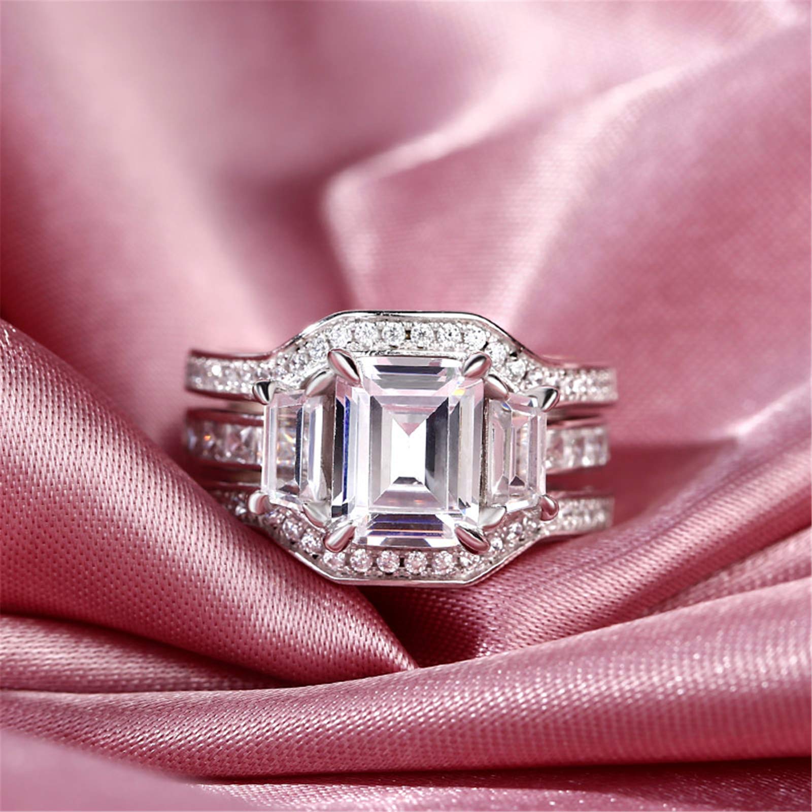 Jeulia 3-Stone Emerald Cut Sterling Silver Ring Set for Women - Interchangeable Wedding, Engagement, Anniversary, Birthday Gift with Jewelry Box | Perfect for Proposals, Romantic Occasions & Special Celebrations