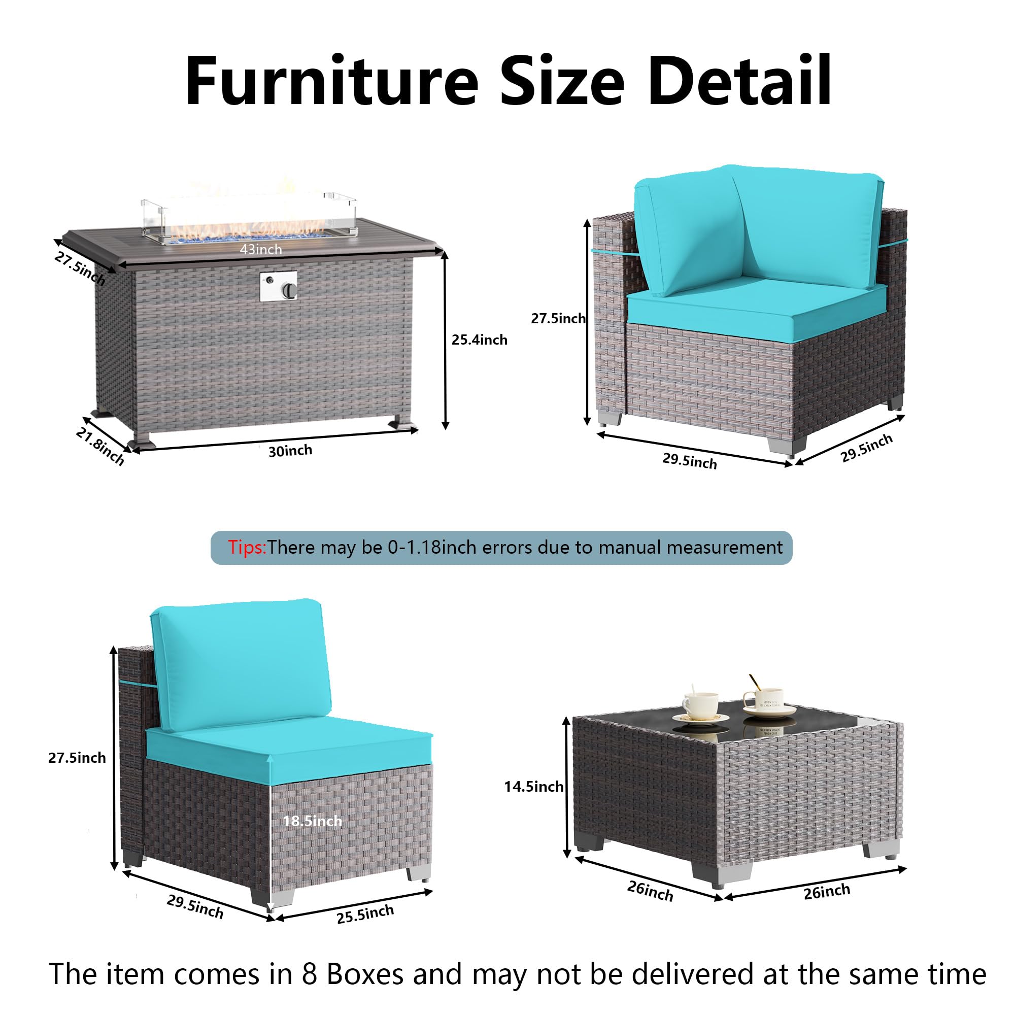 15-Piece Outdoor Patio Furniture Set with ETL-Approved Propane Fire Pit Table & Coffee Table - Blue Sectional Sofa Conversation Set for Backyard, Garden, Poolside & Deck Relaxation