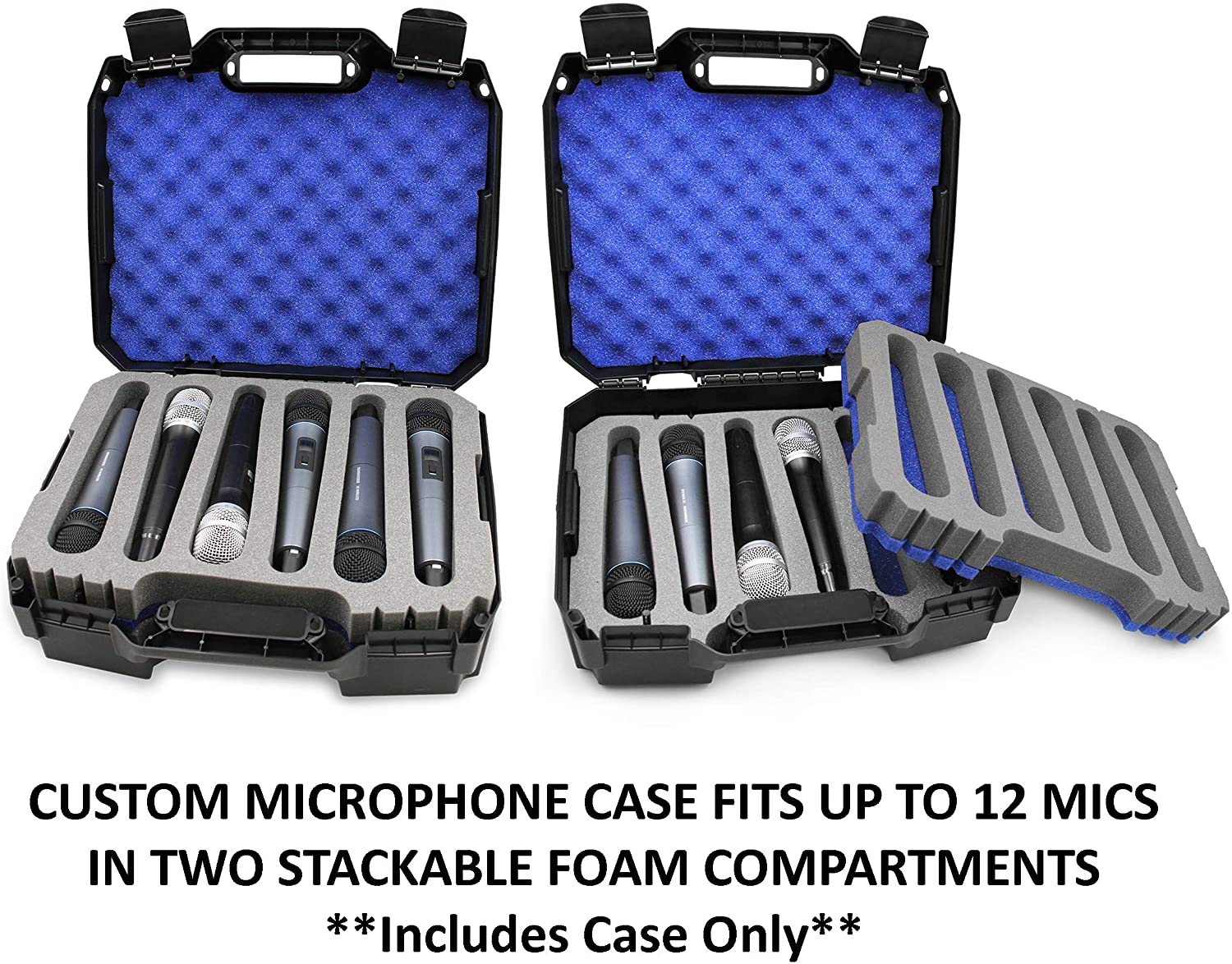 CASEMATIX Wireless Microphone System Hard Case - Fits 12 Sennheiser, Shure, Nady, AKG & VocoPro Handheld Transmitter Mics (Case Only) - Perfect for Studio, Live Performances & Travel Protection