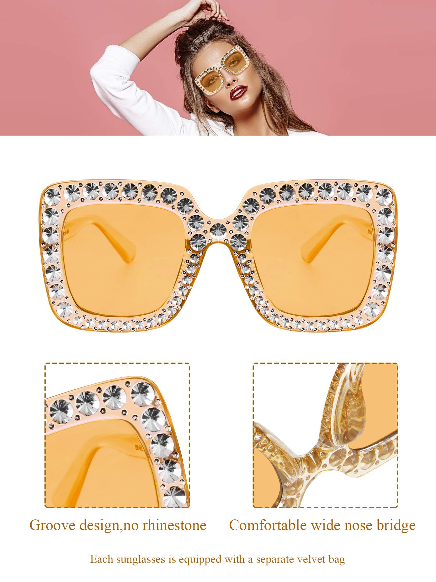 Frienda Oversize Square Glitter Sunglasses - Retro Thick Frame Sparkly Shades for Women (Light Gray/Clear Pink/Clear Tawny/Light Yellow) | Perfect for Beach, Pool Party & Summer Fashion Accessories