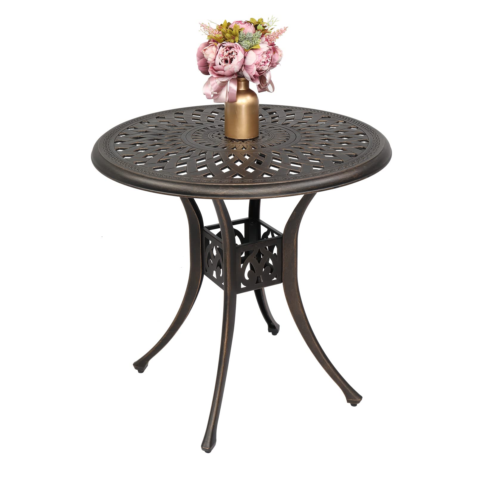 Round Cast Aluminum Patio Bistro Table with Umbrella Hole - Outdoor Dining Side Table for Lawn, Garden, Yard - Perfect for Backyard BBQs, Poolside Lounging & Al Fresco Dining