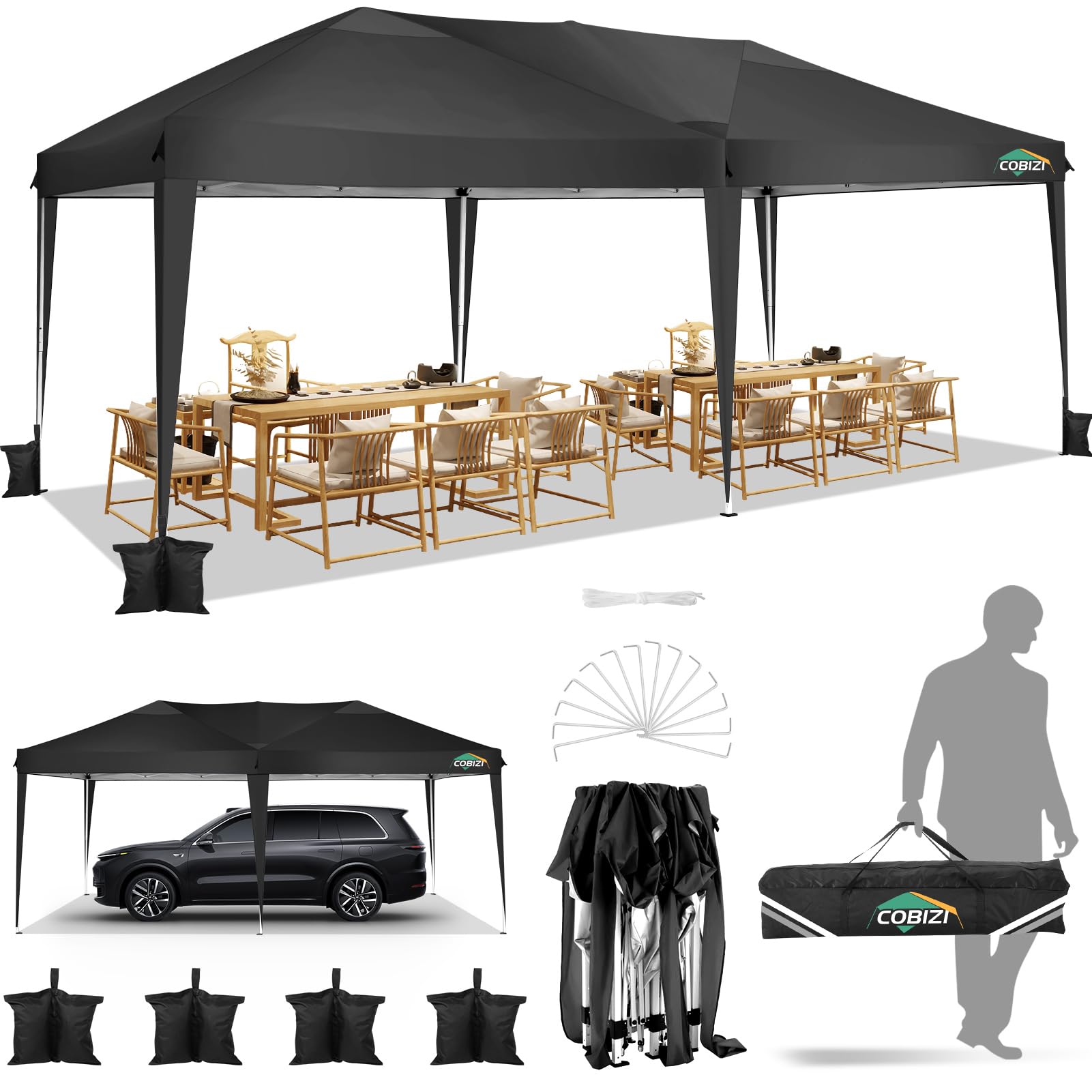 COBIZI 10x20ft Pop Up Canopy Tent - Waterproof Instant Shelter for Outdoor Events, Weddings, Parties & Commercial Use | Portable Gazebo for Backyard, Camping & Car Protection | Easy Setup Commercial Canopy