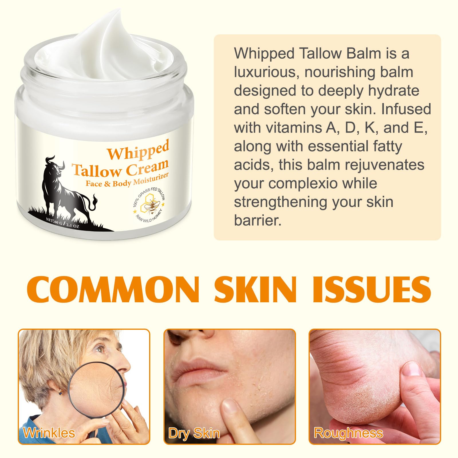 Organic Beef Tallow & Honey Balm - 2oz Face Moisturizer for Dry Skin Care