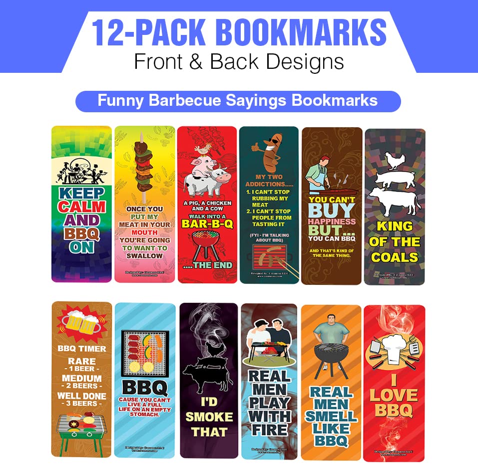 Creanoso Funny BBQ Sayings Bookmarks (12-Pack) - Inspirational Quote Cards for Books - Unique Gifts for Adults & Teens - Perfect for Reading, Gifting & Barbecue Lovers