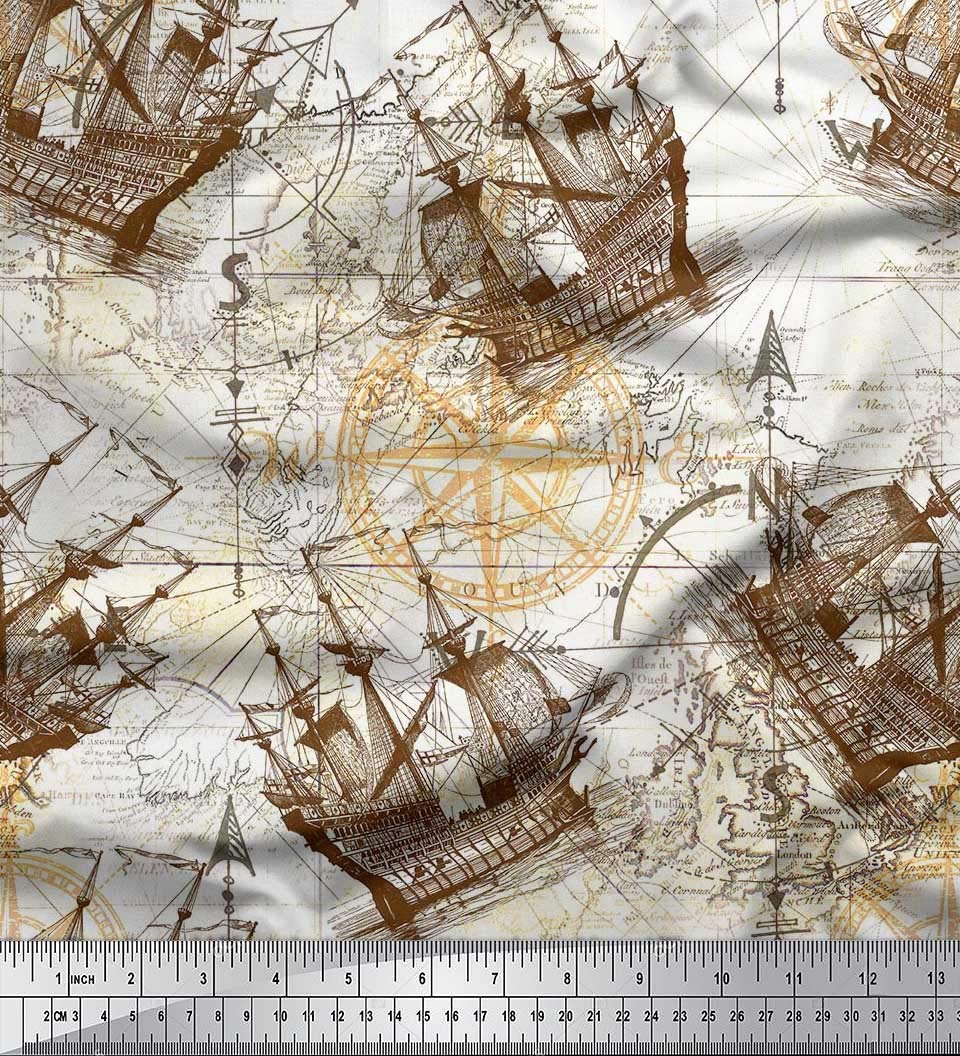 Soimoi 100% Cotton Voile Fabric - Brown Nautical Compass Print - 42 Inch Wide by The Yard - Lightweight & Breathable for Dresses, Curtains, and DIY Crafts