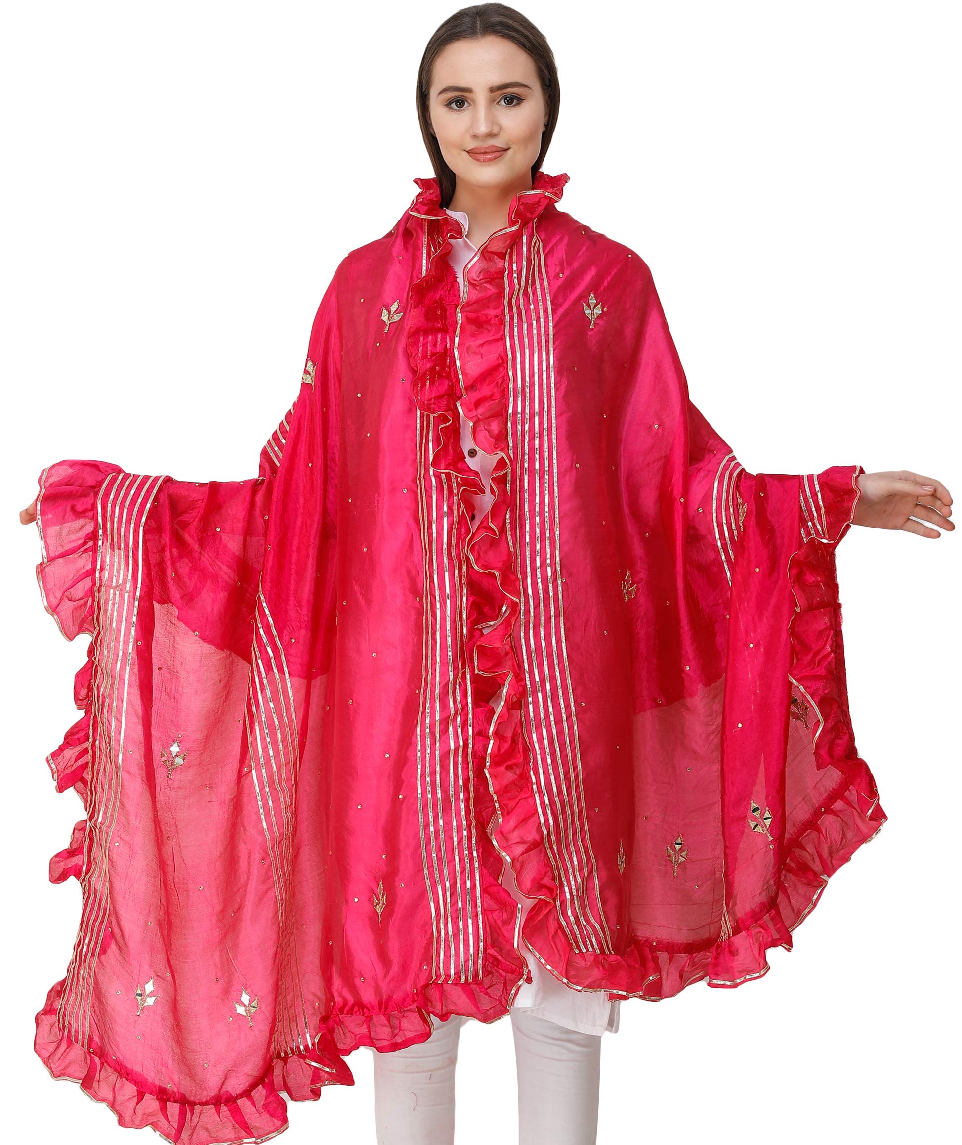 Exotic Indian Dupatta from Amritsar - Gota Patches & Frill Border Art Silk Scarf | Perfect for Weddings, Festivals & Ethnic Outfits