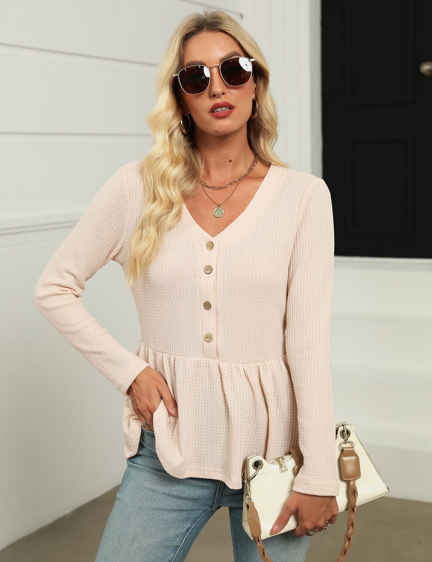 Women's Casual Peplum Top V-Neck Long Sleeve Waffle Knit Ruffle Hem Tunic Shirt for Fall Winter 2023 | Stylish Layering Piece for Office, Date Night & Holiday Outfits