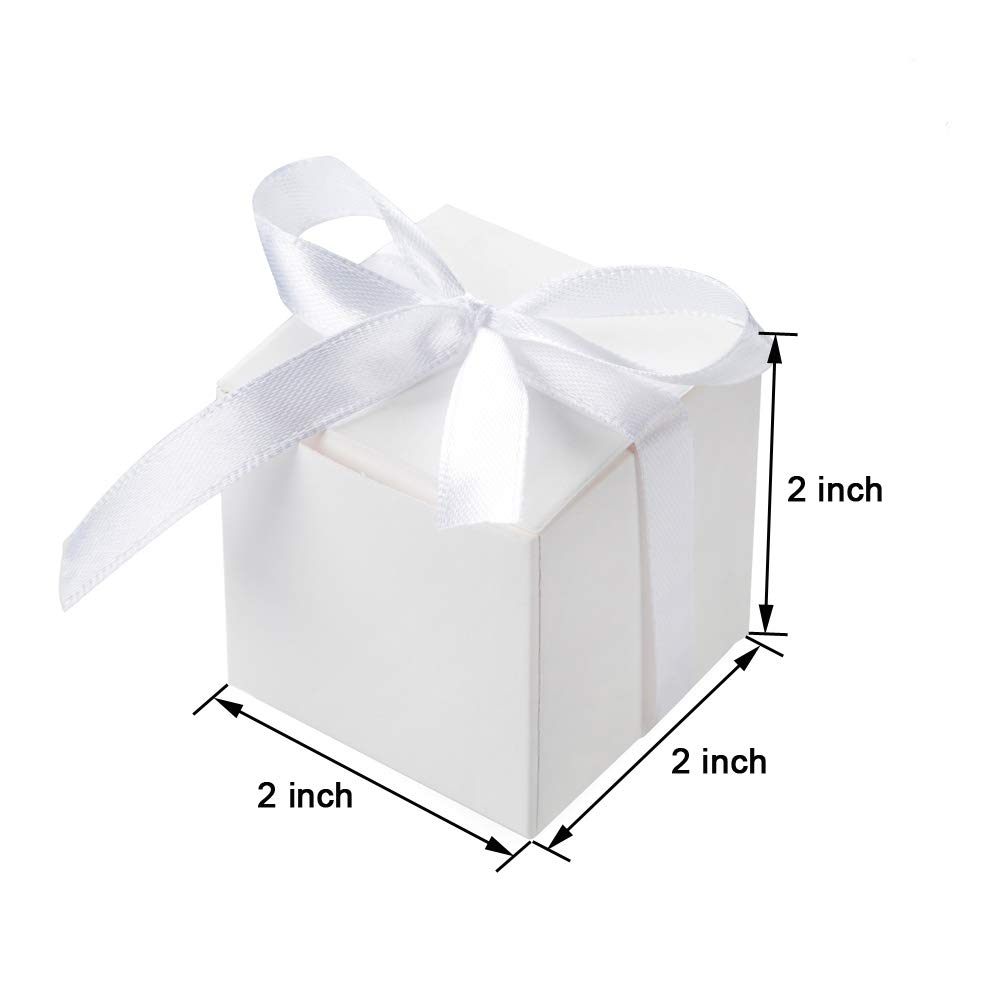 AWELL 2x2x2 Inches White Gift Candy Boxes with Ribbon - Bulk Pack of 50 - Perfect for Birthday Parties, Baby Showers & Wedding Favors