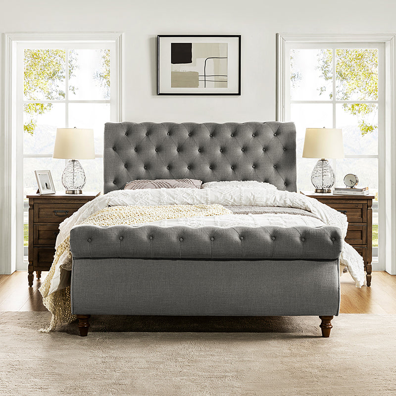 Deirdre Upholstered Sleigh Platform Bed - Queen Size with Solid Wood Frame & Luxe Fabric Headboard - Perfect for Modern Bedroom & Guest Room Decor