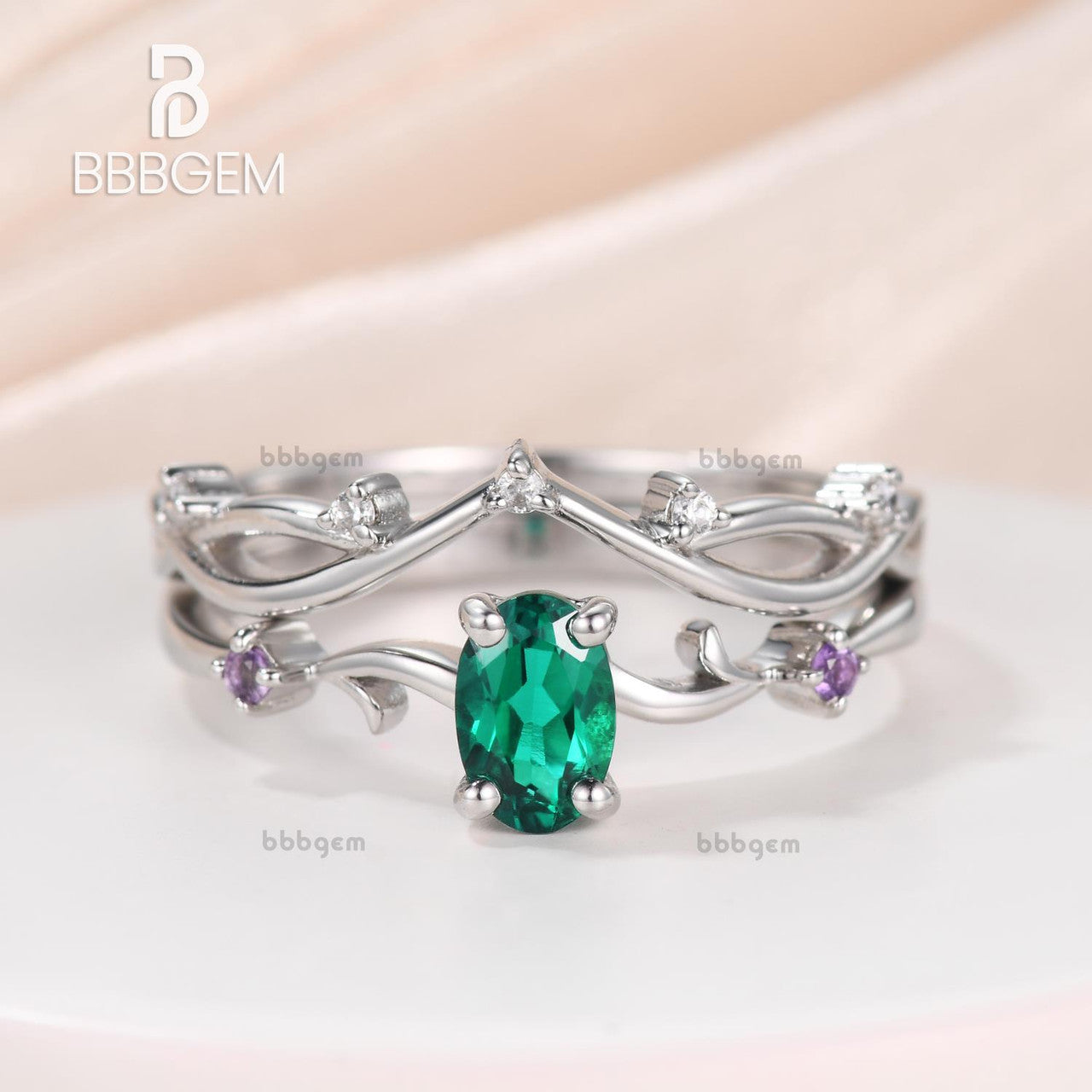Vintage Emerald Amethyst Twig Engagement Ring Set - 14K White Gold Branch Wedding Ring for Women - Perfect for Proposals, Anniversaries & Romantic Occasions