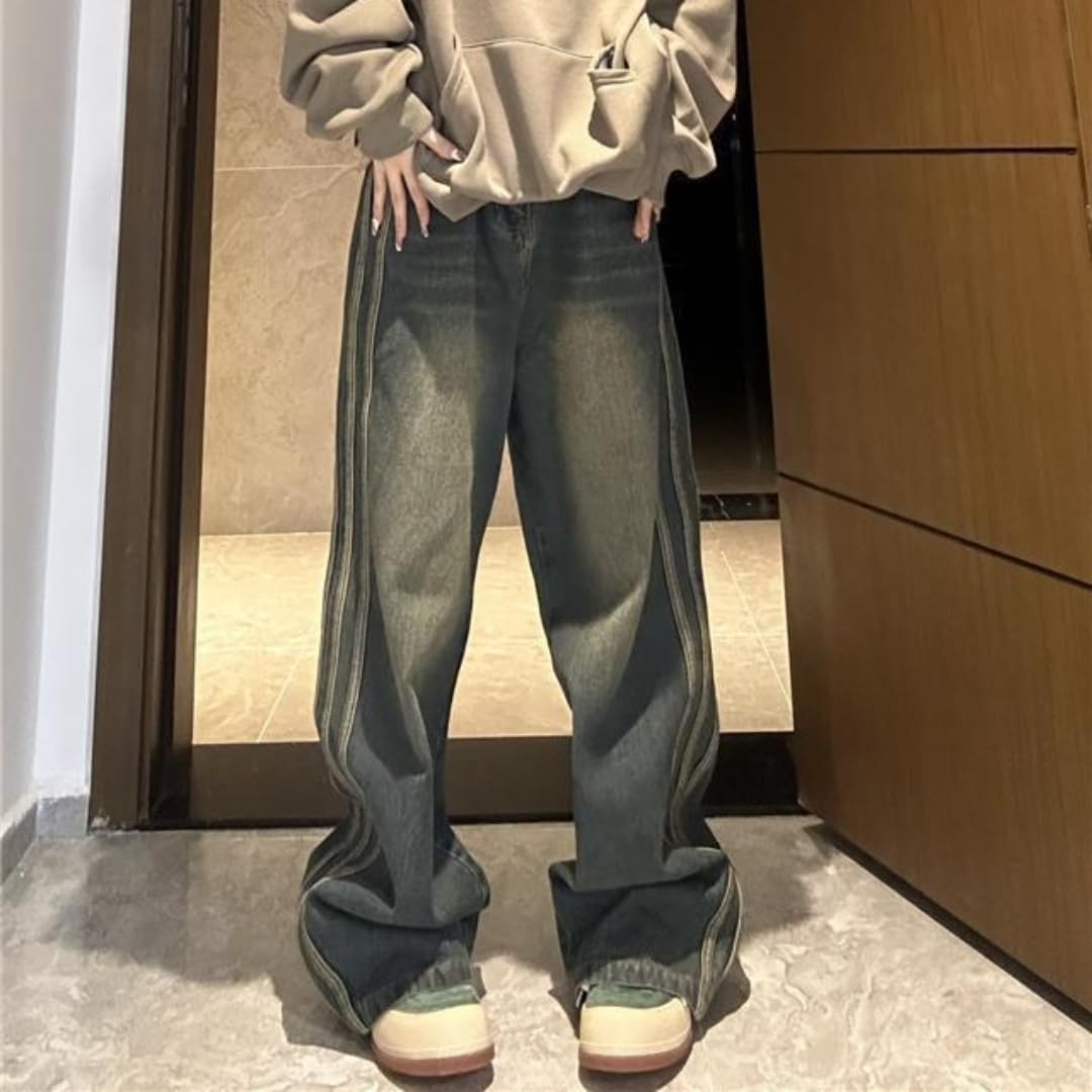 Y2K High Waisted Baggy Jeans for Women - Side Striped Wide Leg Loose Pants | Streetwear Fashion | Perfect for Casual Outfits, Parties & Retro Style