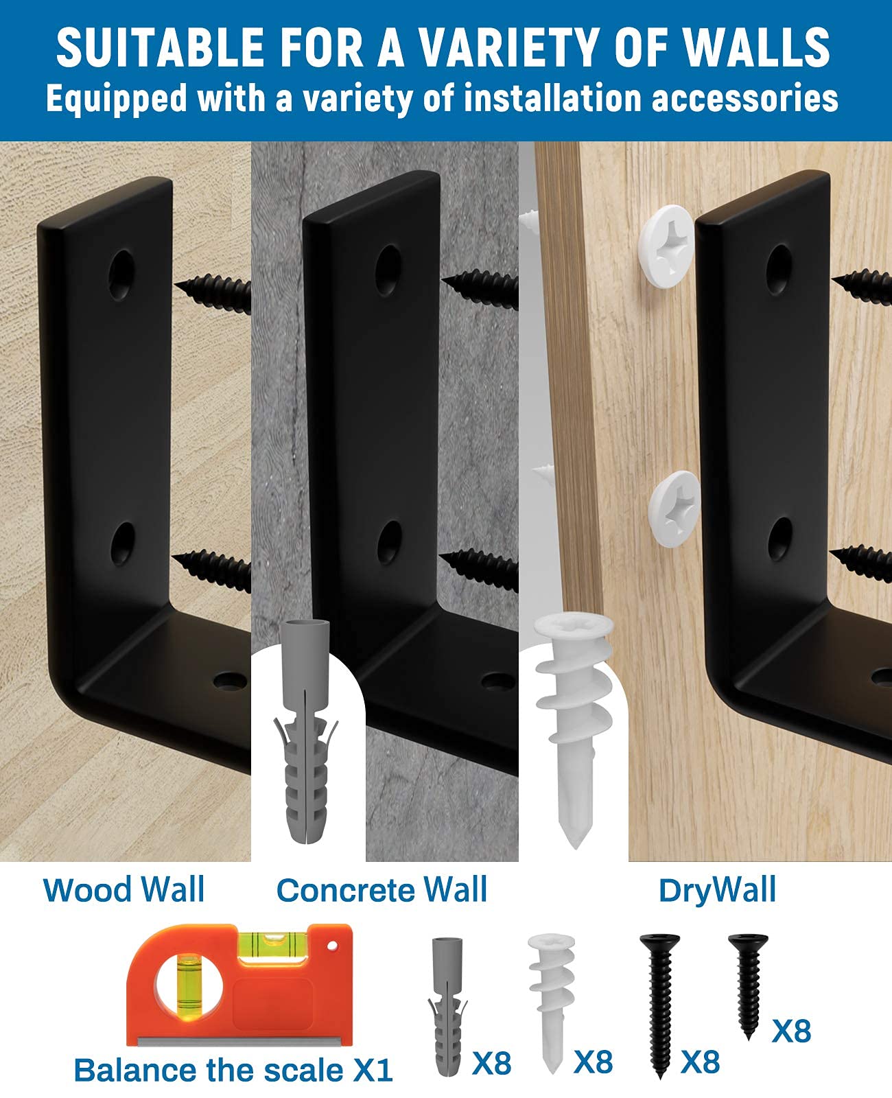 LEOPO 8 Inch Heavy Duty Shelf Brackets (4 Pack) - 1/5 Inch Thick Metal Z Brackets for DIY Floating Shelves - Perfect for Home Office, Kitchen, Garage & Closet Organization