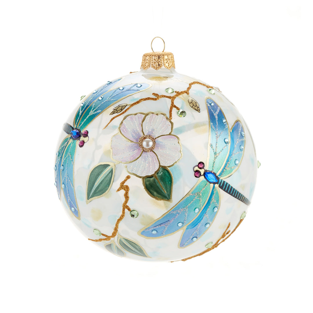 Exquisite Dragonfly & Cherry Blossom Glass Christmas Tree Ornament - Handcrafted Holiday Decor for Xmas Tree, Home, Office & Gift Giving
