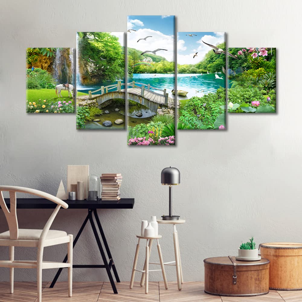 5-Piece Waterfall Lake Canvas Wall Art Set - White Horse, Wood Bridge & Birds Landscape Paintings for Bedroom, Bathroom & Office Decor - Framed Ready to Hang Posters & Prints (60