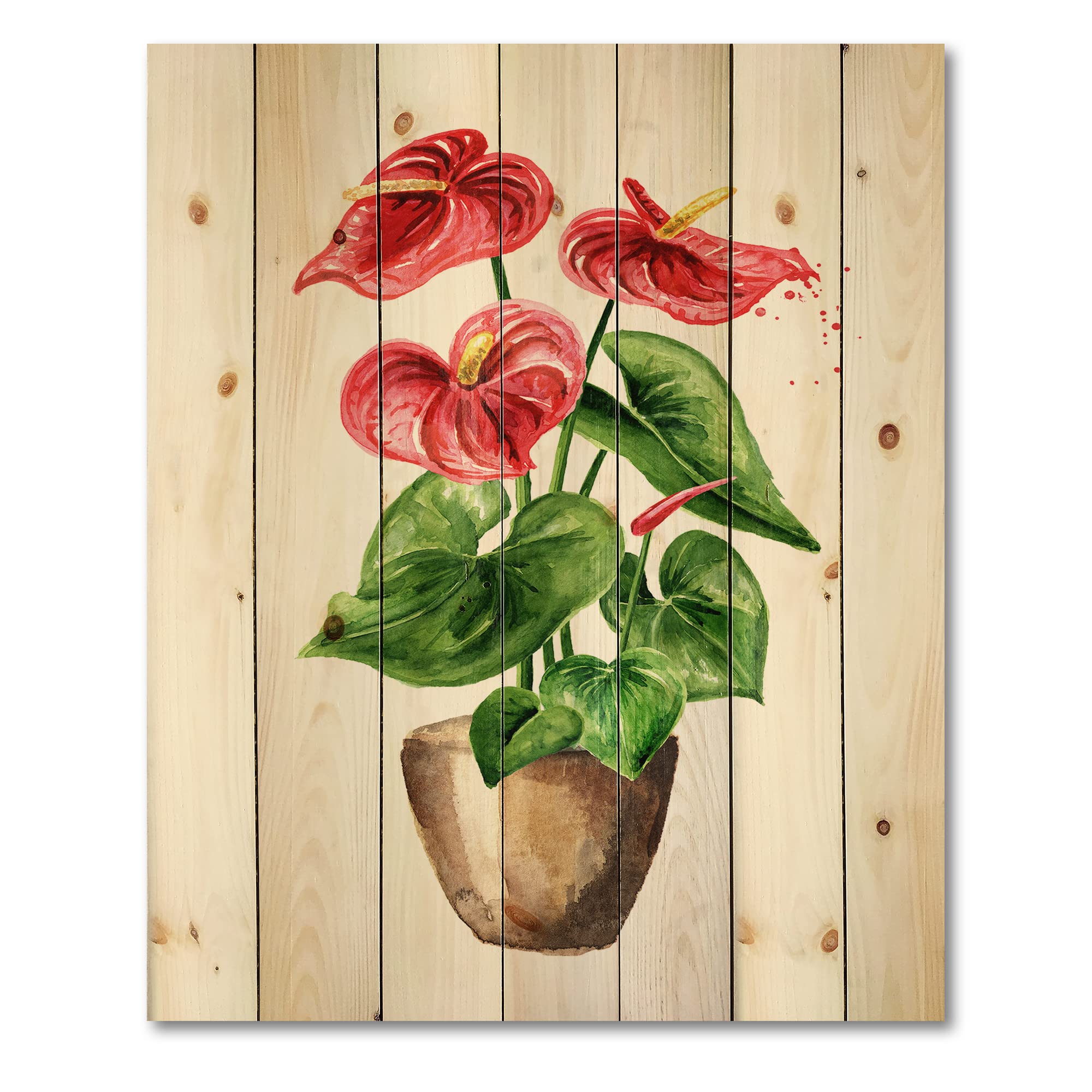 Anthurium Tailflower Flamingo Flower Pot - Traditional Red Wood Wall Decor, Large Floral Pine Wood Wall Art Panel - Perfect for Living Room, Bedroom & Office Decoration