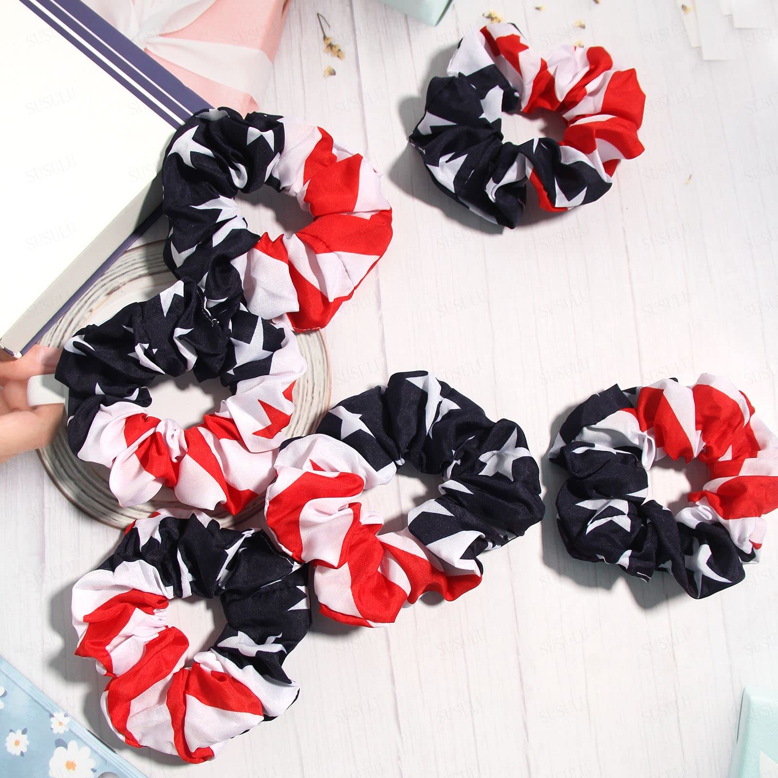 6Pcs Women's Hair Scrunchies - USA Flag & Union Jack Pattern Elastic Hair Ties for Women & Girls - Perfect for Workouts, School, and Patriotic Events