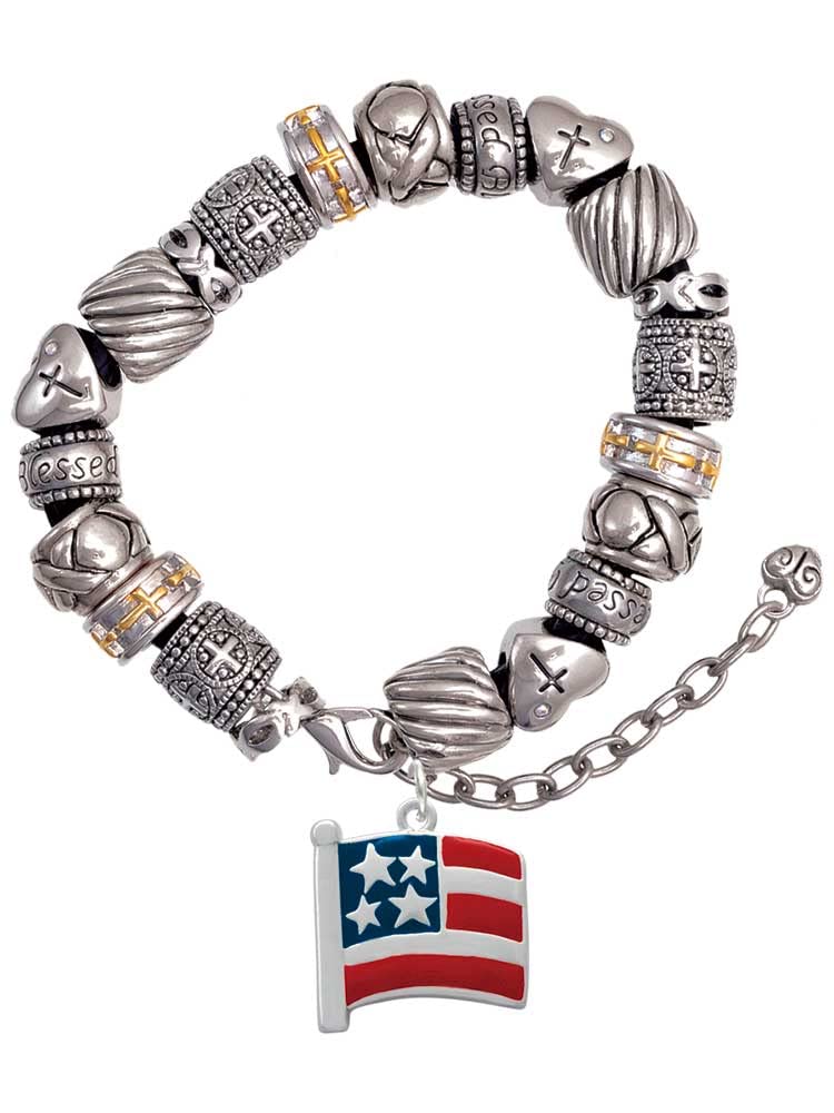 Delight Jewelry Silver Tone Patriotic American Flag Christian Bead Bracelet - Adjustable 7