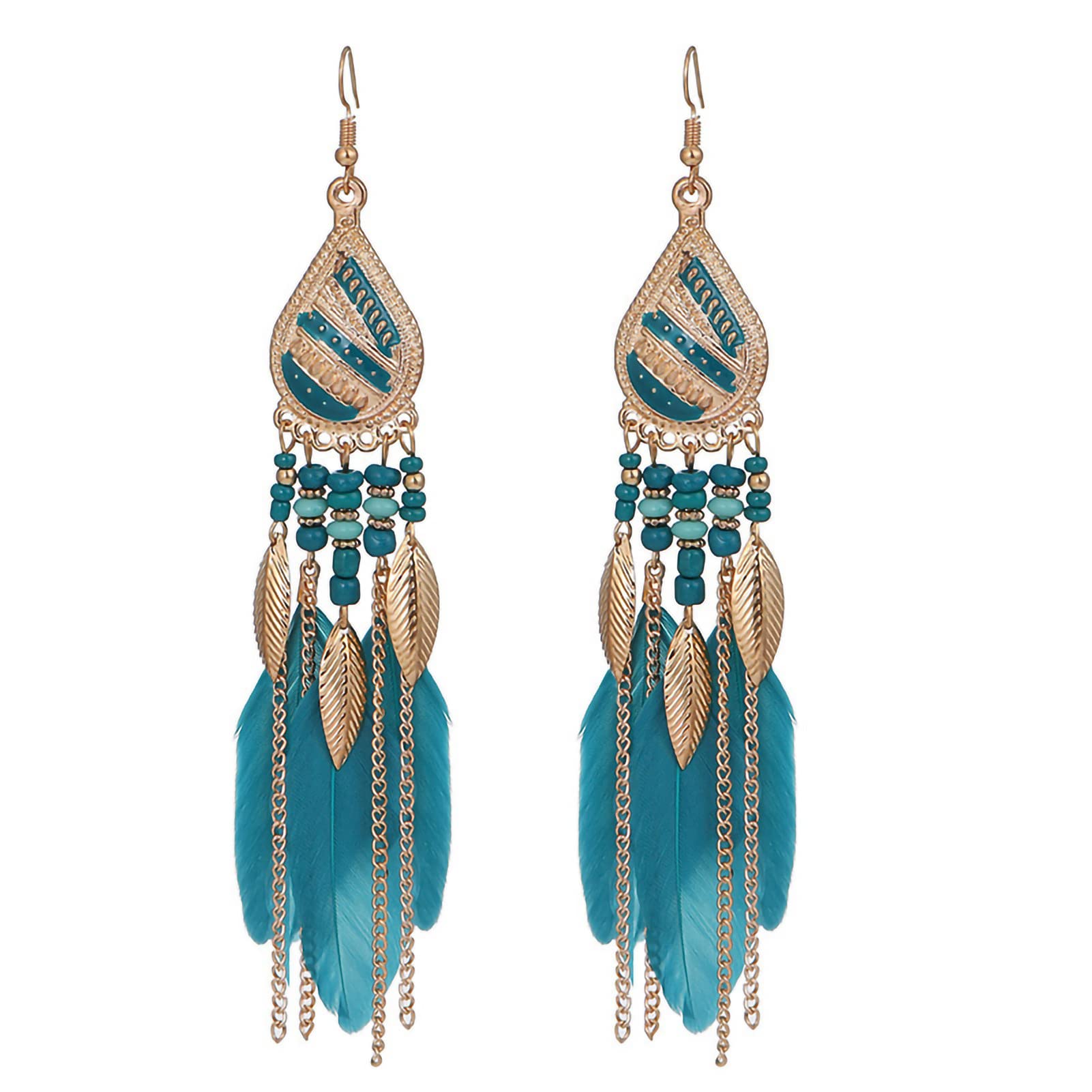 Hislaves Fashion Beaded Feather Hook Earrings for Women - Long Vintage Dangle Jewelry for Girls, Parties, Weddings & Special Occasions | Elegant Banquet & Evening Wear Accessories