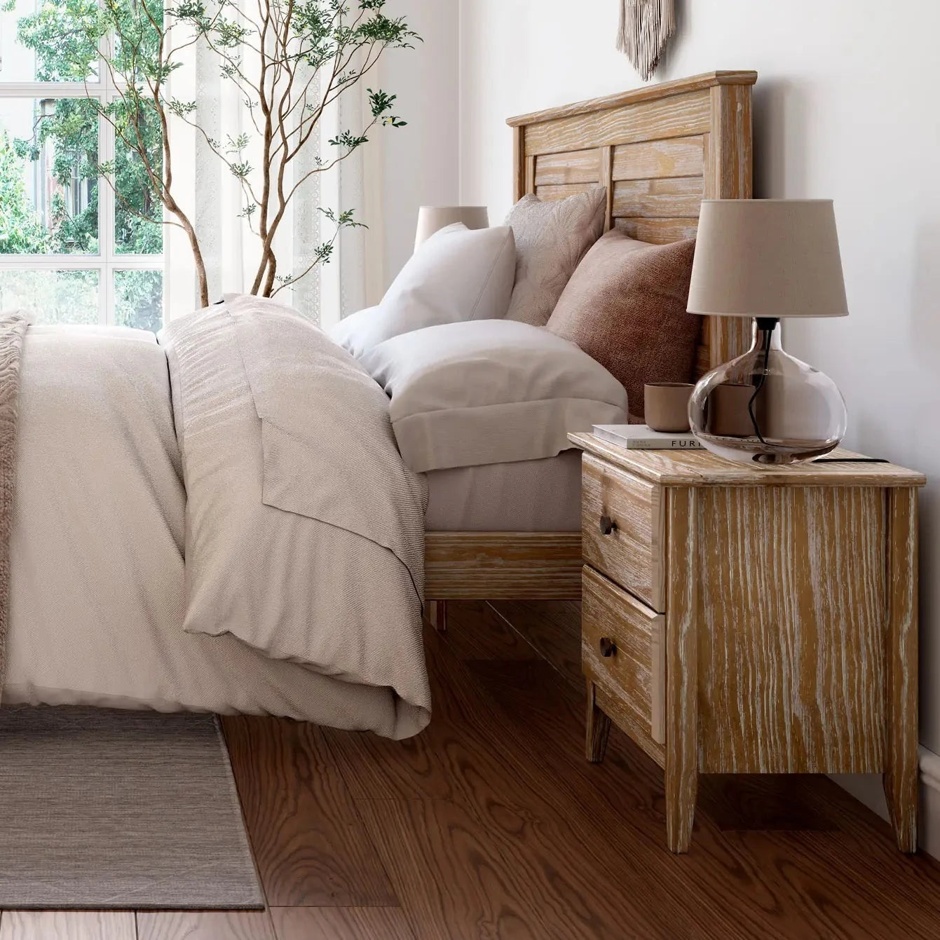Greenport 5-Piece Bedroom Set - Queen Size Bed Frame, Nightstand, Dresser & Mirror - Modern Farmhouse Furniture for Master Bedroom or Guest Room