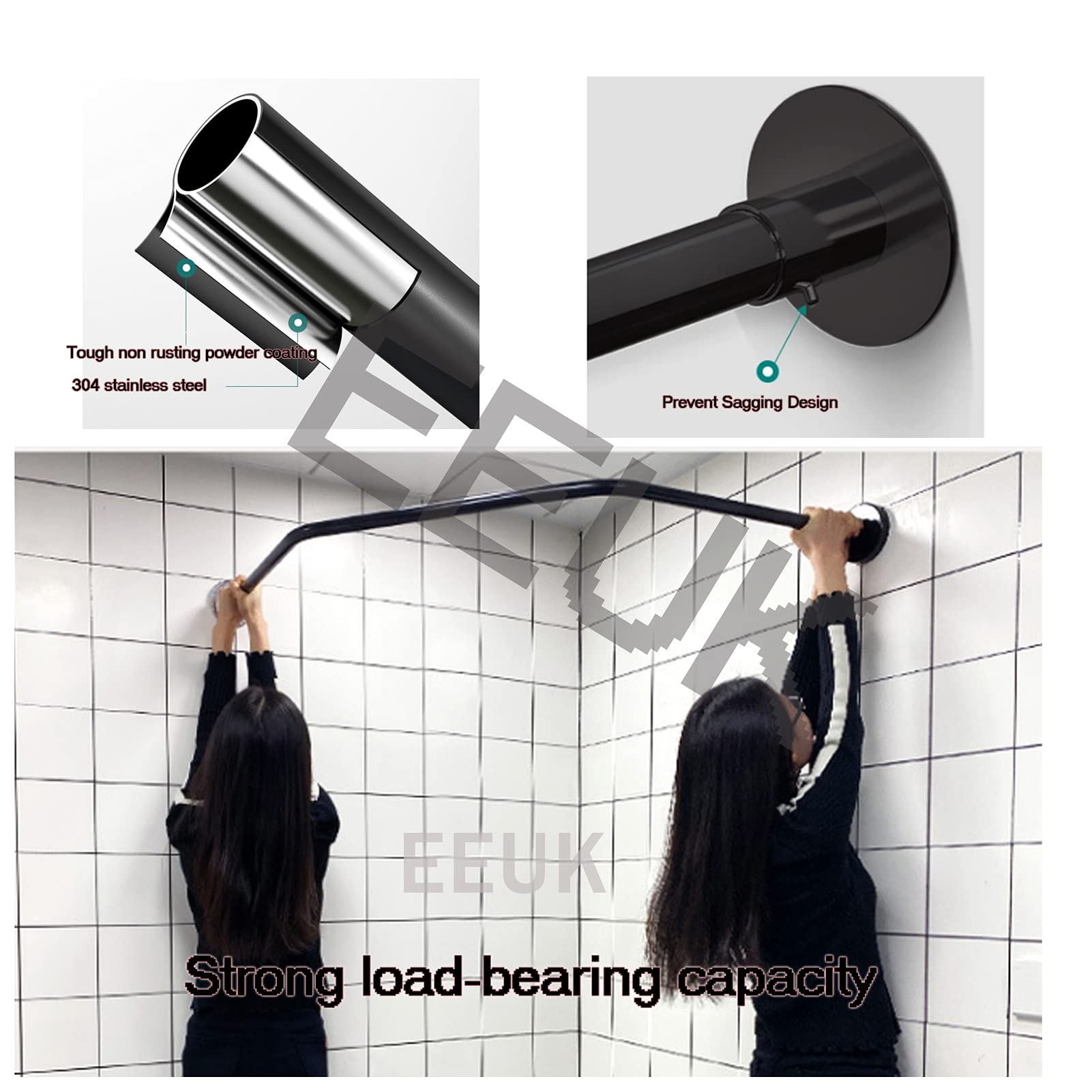 Stainless Steel Adjustable Curved Shower Rod - No Drill Corner Shower Rail for Bathroom, Extendable Shower Pole to Prevent Water Leaks | Perfect for Small Bathrooms, Shower Stalls & Space Saving Solutions