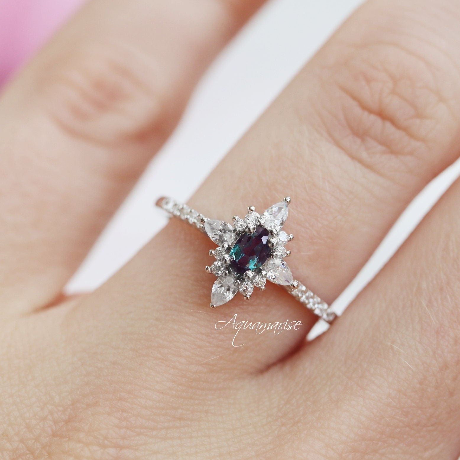 Starburst Alexandrite Engagement Ring 14K White Gold - Elegant Wedding Band for Women, Unique Gemstone Jewelry for Proposals & Anniversaries