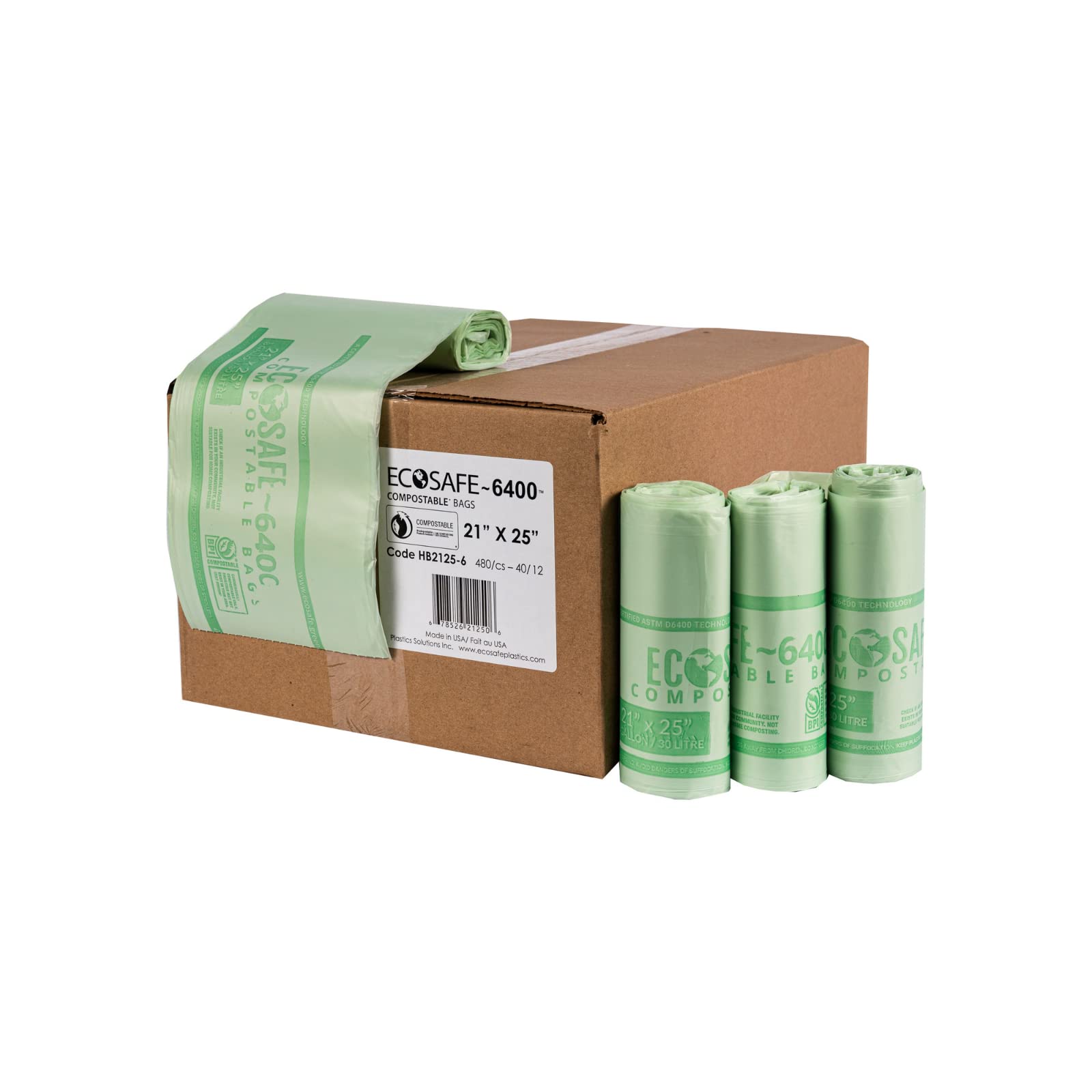 EcoSafe-6400 HB2125-6 Certified Compostable Bags 21x25 Inch - 480 Pack Heavy Duty Leak Proof & Tear Resistant Green Trash Bags for 8 Gallon Bin - Perfect for Kitchen Food Waste, Composting, and Organic Recycling