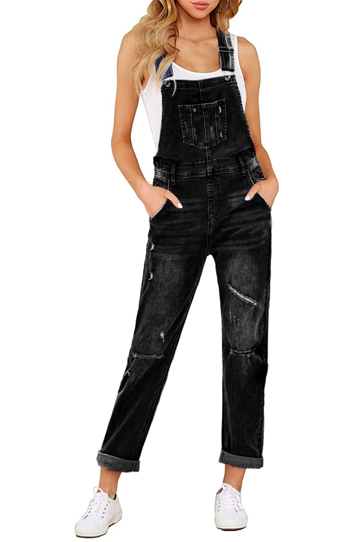 Sidefeel Women’s Classic Adjustable Strap Ripped Denim Overalls - High Waisted Jeans Pants Jumpsuit for Casual Outfits & Streetwear Fashion