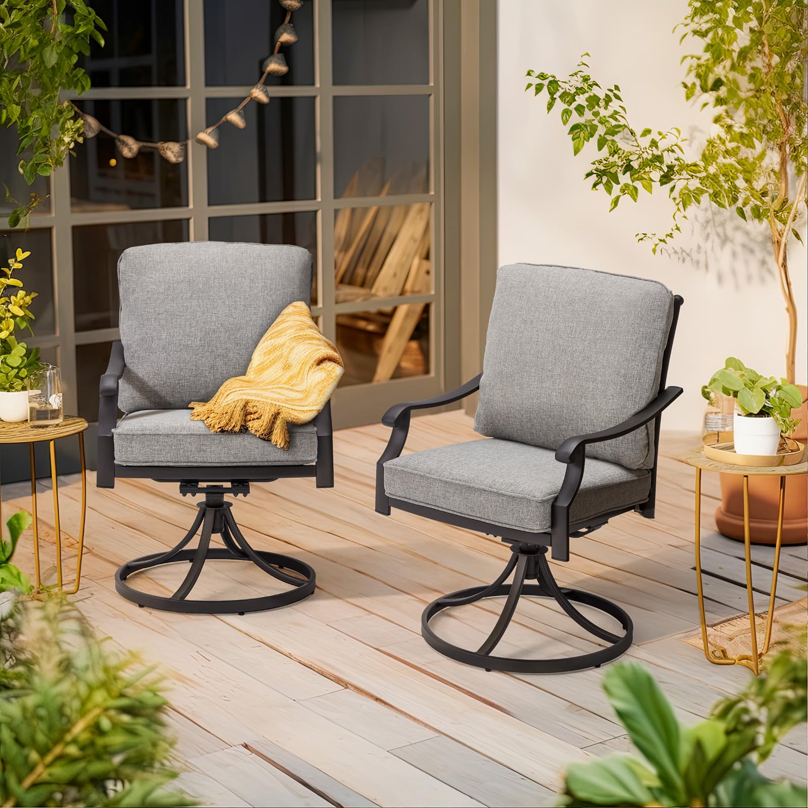 EROMMY 2-Piece Patio Swivel Chair Set - Heavy Duty Outdoor Dining Chairs with Thickened Cushions, Metal Rocking Chairs for Garden, Lawn, Porch & Backyard - Grey - Perfect for Outdoor Relaxation & Entertaining