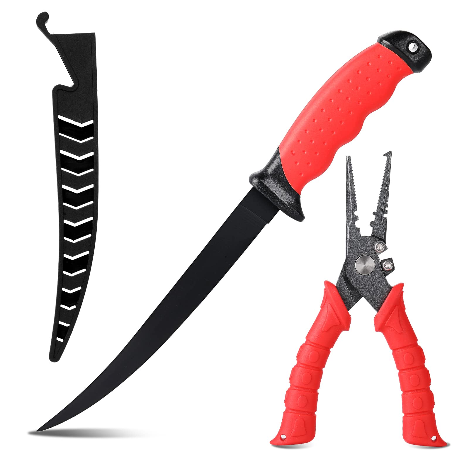Premium Fishing Knife and Bait Knife Set - 2-Piece Outdoor Fishing Tools with Fillet Knife & Fishing Pliers (Red/Black) - Ideal for Freshwater & Saltwater Fishing, Camping, and Outdoor Adventures