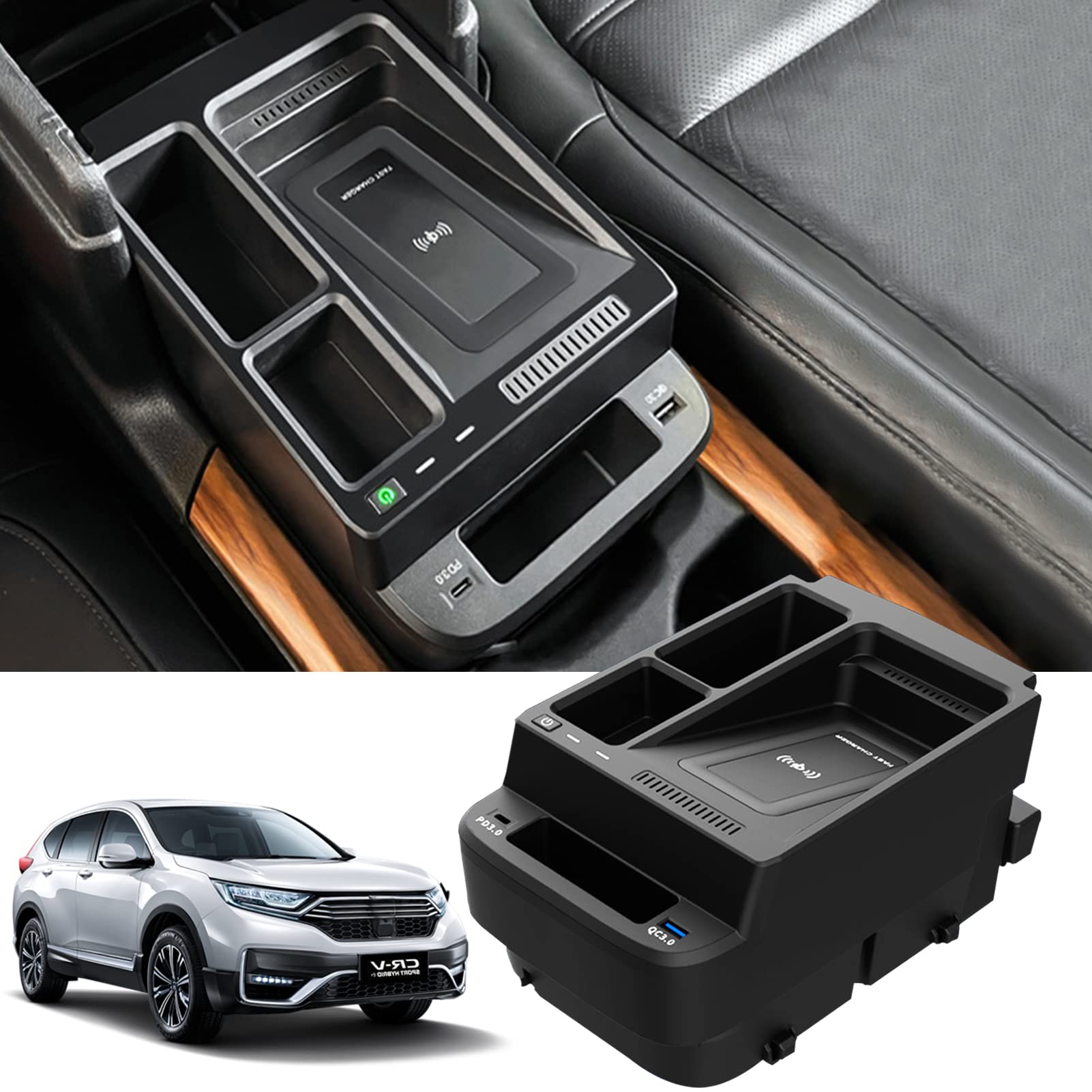 Wireless Car Charger for Honda CRV CR-V 2017-2021 | 15W Qi Fast Charging & QC3.0 USB Port | Center Console Organizer Panel | Compatible with iPhone & Android Phones | Perfect for Road Trips & Daily Commutes
