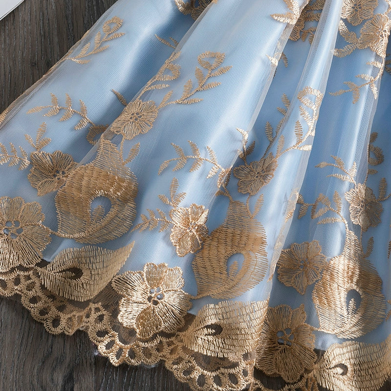 Gold Princess Boat Neck Tea Length Satin Flower Girl Dress for Weddings, Baptisms & Special Occasions - Elegant Formal Attire for Little Girls