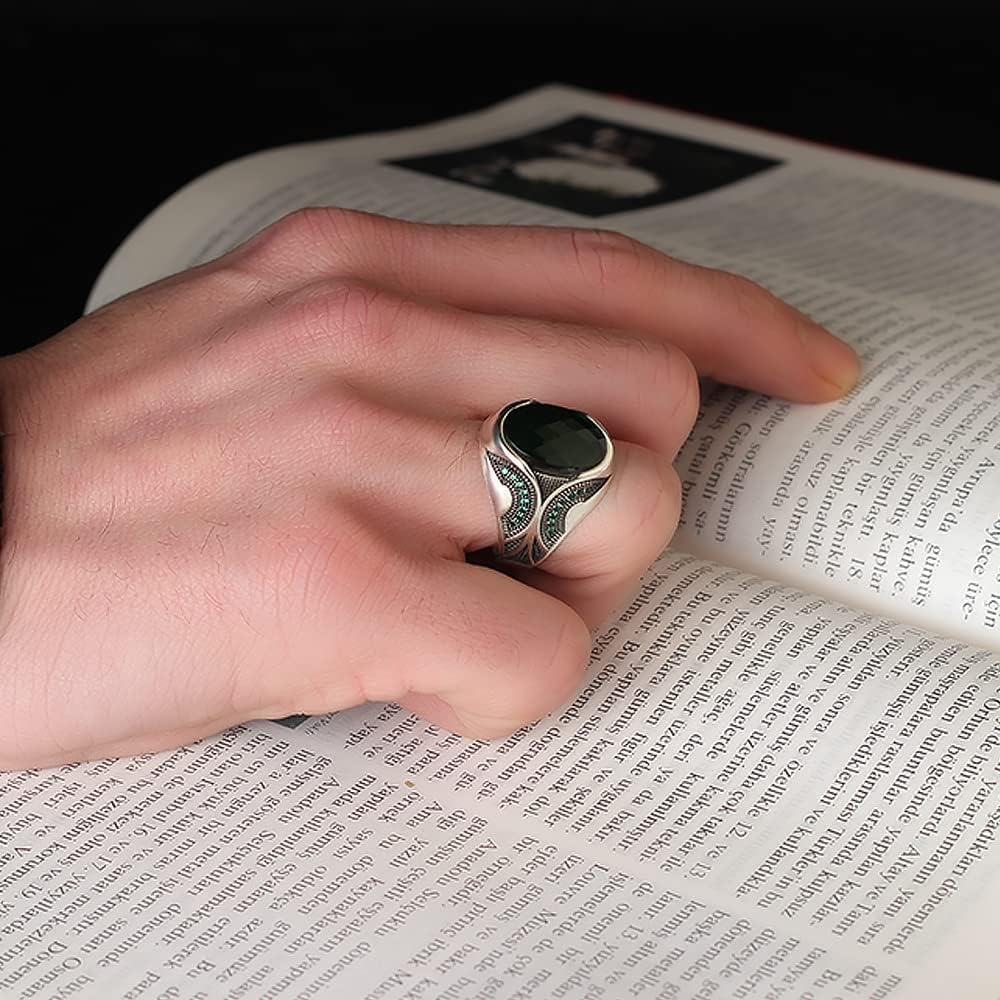 925 Sterling Silver Men's Ring with Natural Emerald Gemstone - Handmade Engraved Minimalist Jewelry for Men - Perfect Gift for Husband, Boyfriend, Anniversary - Size 8.5 - Ideal for Weddings, Date Nights & Special Occasions