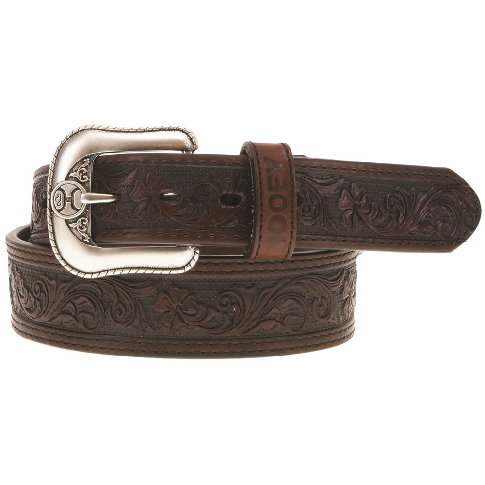 HOOey Tapered Brown Leather Belt with Filigree Embossed Design, Double Welt Edge & Black Accents - Perfect for Casual Wear, Office & Western Outfits