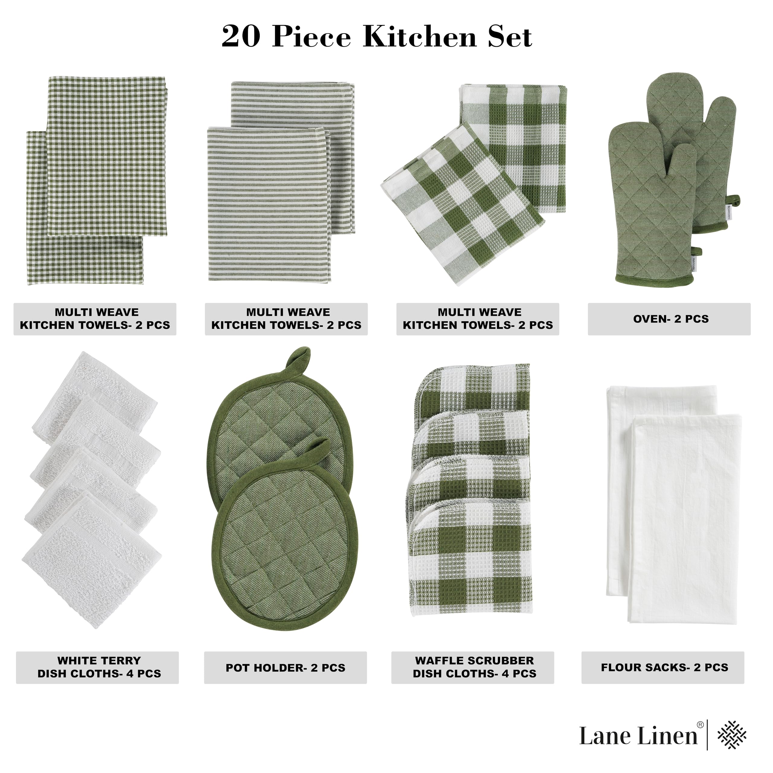 LANE LINEN 20-Piece Dish Towel Set - 100% Cotton Kitchen Towels, Heat Resistant Oven Mitts & Pot Holders (350°F) - Olive Green - Perfect for Dishwashing, Cooking & Baking