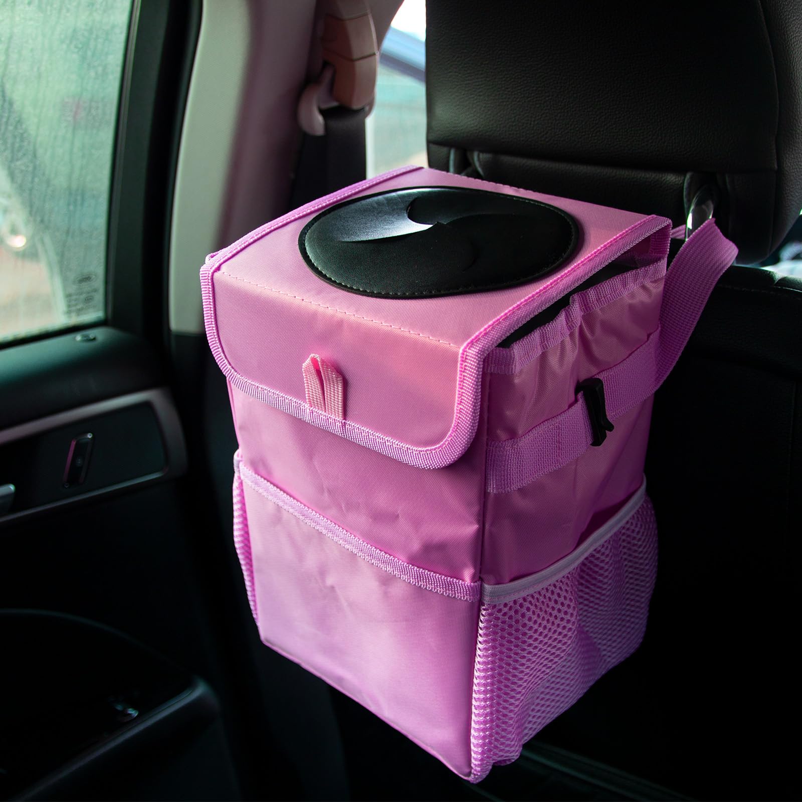 **Waterproof Hanging Car Trash Can - Leak Proof Auto Garbage Bag Bin for Vehicles, Cars & SUVs (Light Pink) - Ideal for Road Trips, Commuting & Keeping Your Car Clean**