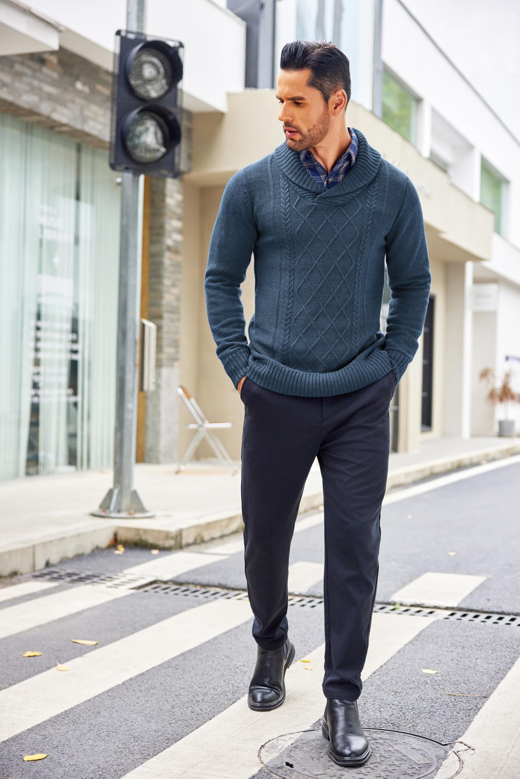 COOFANDY Men's Shawl Collar Sweater - V-Neck Cable Knit Pullover for Relaxed Fit | Casual Winter Wear & Office Outfits