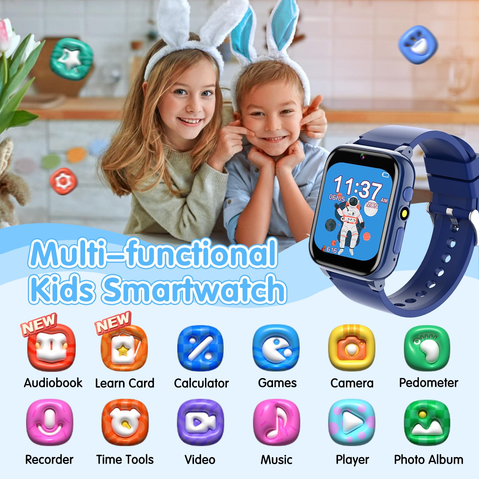 Kids Smart Watch with 26 Games, Camera, Music & Video Player - Waterproof GPS Tracker for Boys & Girls Ages 3-12 - Perfect for Outdoor Play, School & Birthday Gifts (Blue)
