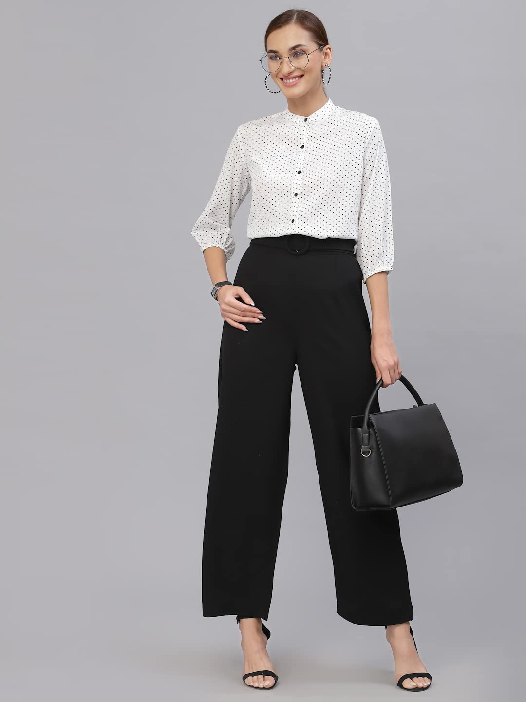 Style Quotient Women's White & Black Polka Dot Printed Polyester Formal Blouse | Elegant Office Wear & Party Outfit