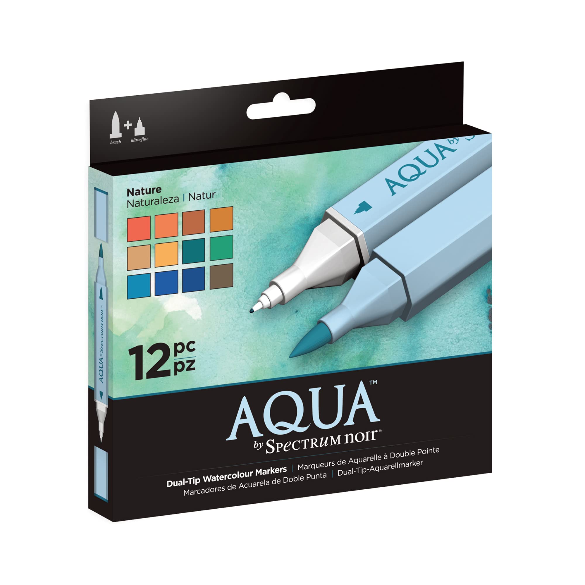 Spectrum Noir Aqua Artist Watercolor Markers - Dual Nip Water-Based Coloring Pens, 12-Pack Nature Tones (Blue Shades) - Perfect for Adult Coloring Books, Bullet Journaling & Hand Lettering