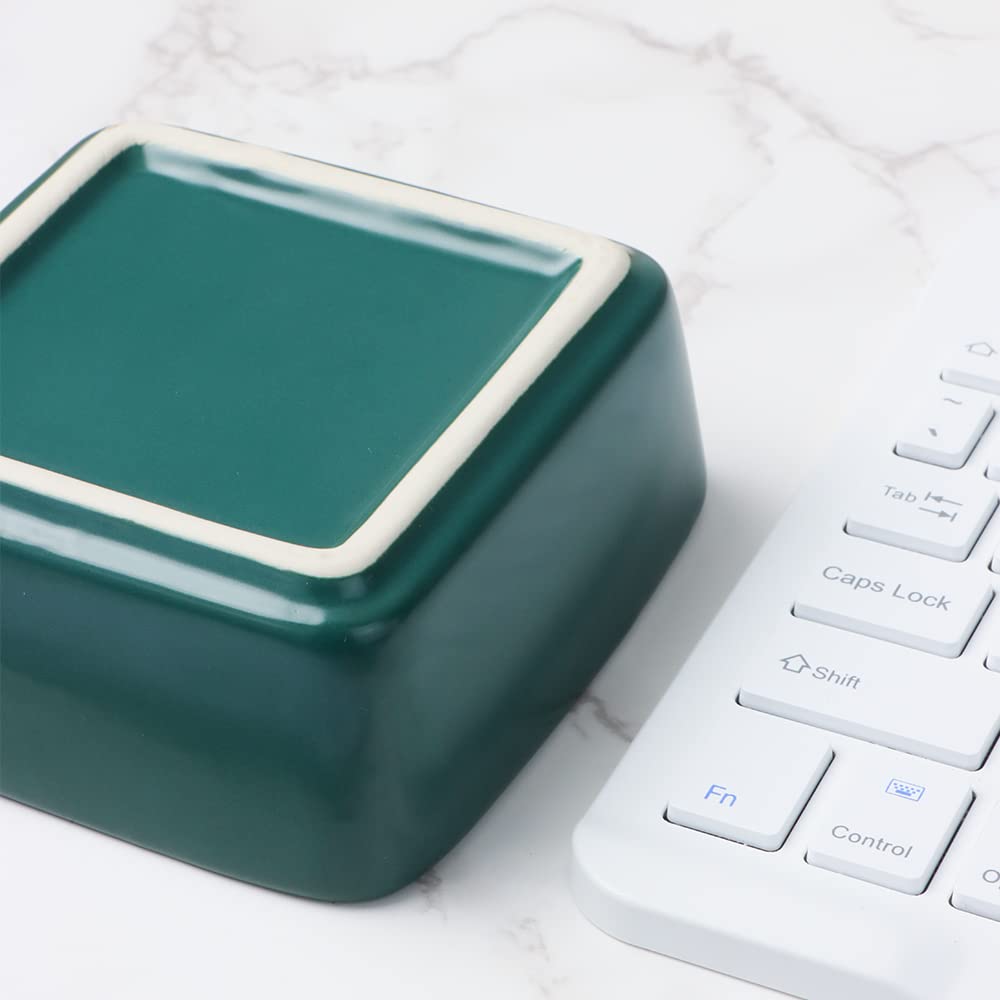 MEI YI TAN Square Ceramic Paper Clip Holder - Dark Green Office Desk Organizer for Paperclips & Binder Clips | Cute Desktop Accessories Dispenser for Home & Office Organization