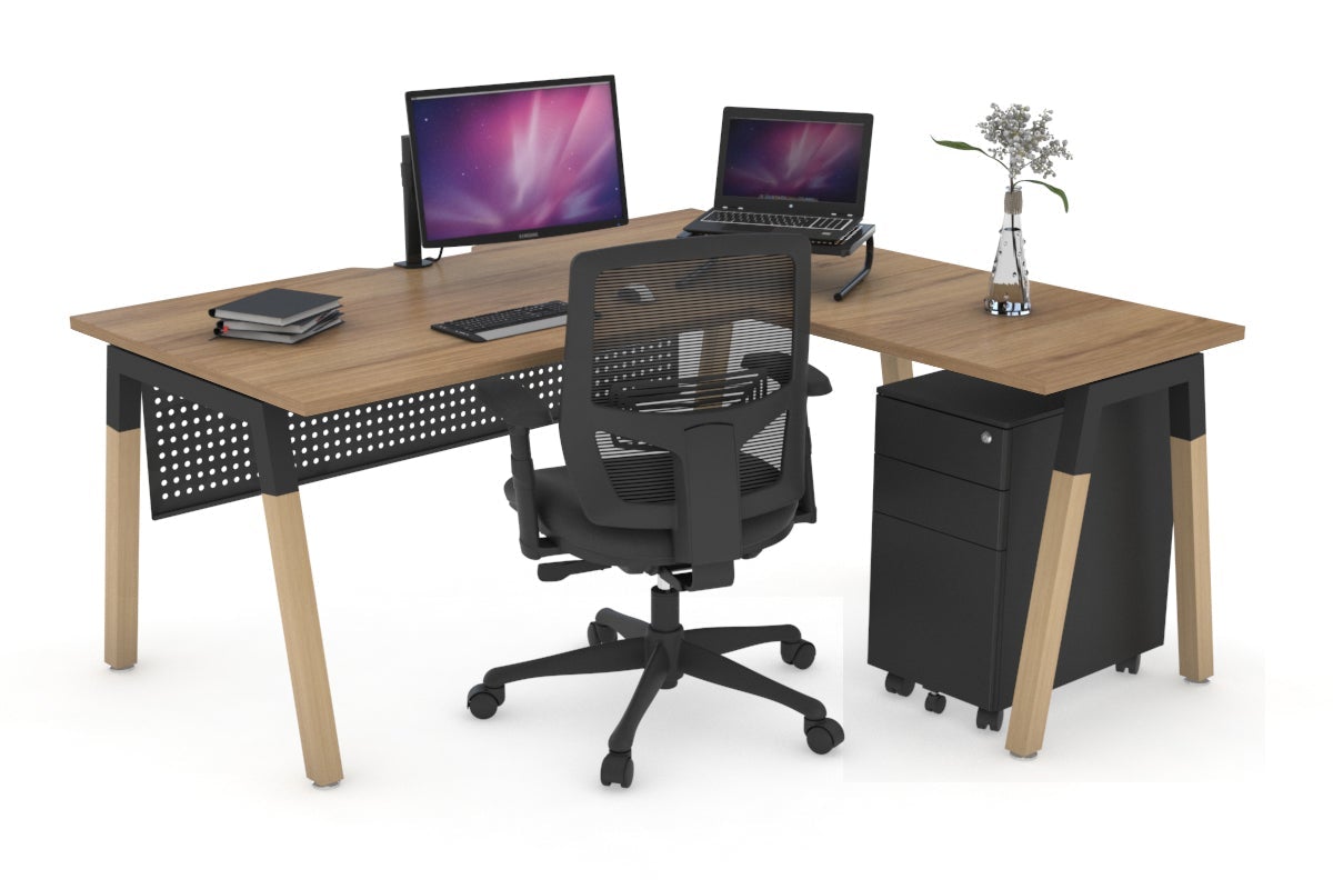 Quadro A Legs L-Shaped Corner Office Desk with Wood Legs & Cross Beam - 1400L x 1800W, Cable Management Scallop - Perfect for Home Office, Gaming Setup & Workspace Organization